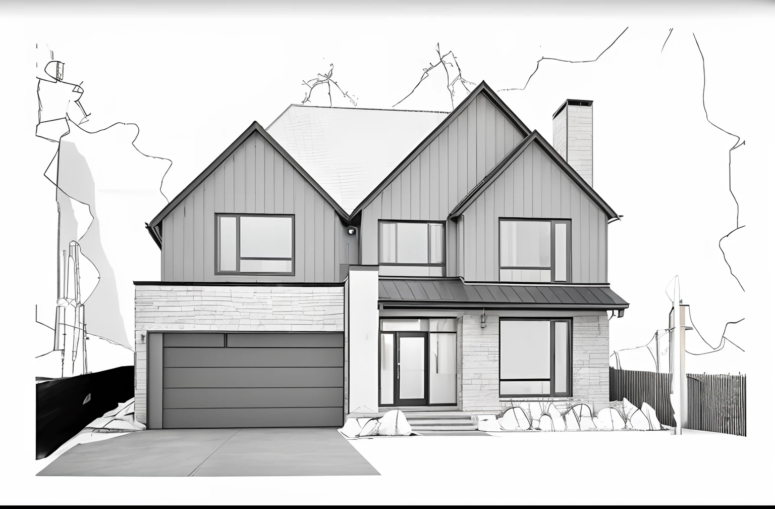 Photorealistic rendering of contemporary house, smooth limestone, seamed metal siding, dramatic exterior lighting, architectural photography, 8k, unreal engine