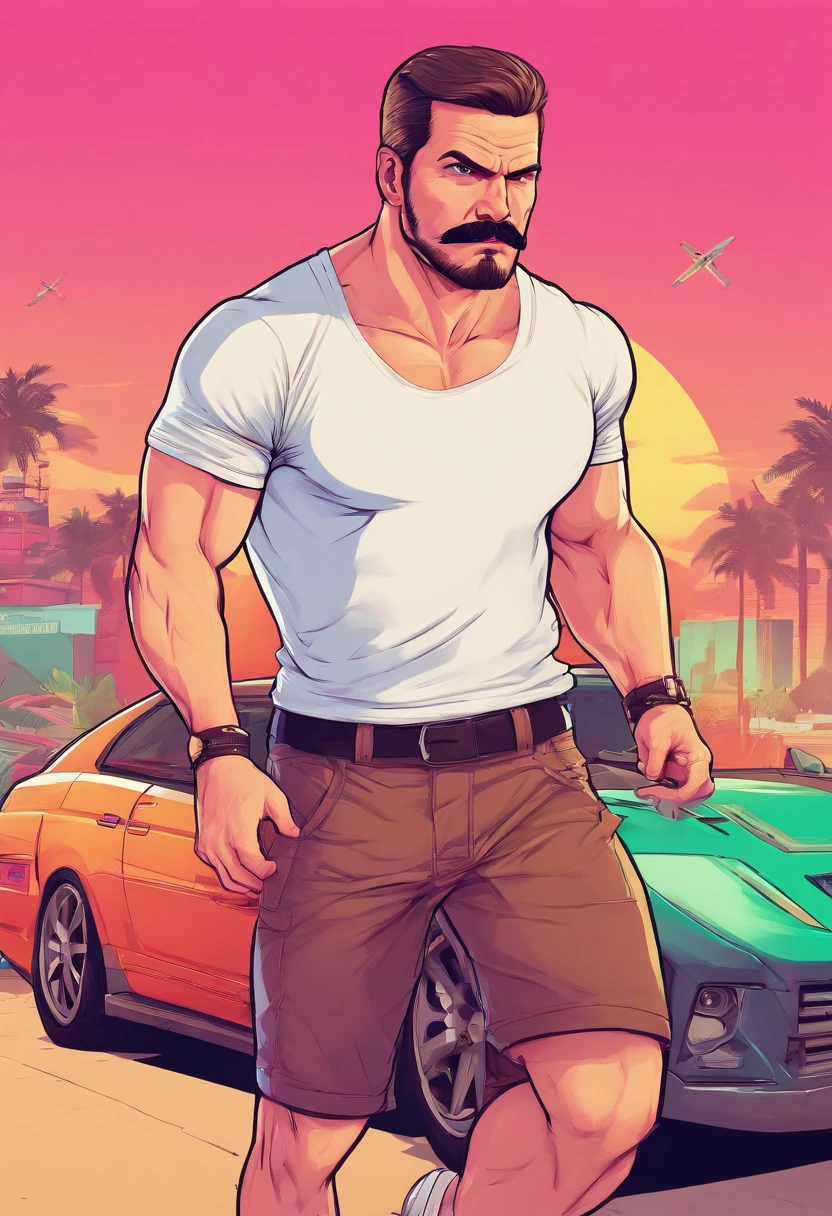 caucasian man, 27 years old, gradient haircut, muscular, 85 kg, athletic, moustache, basic white t-shirt, black cargo shorts, white sneakers, handsome, 4k
