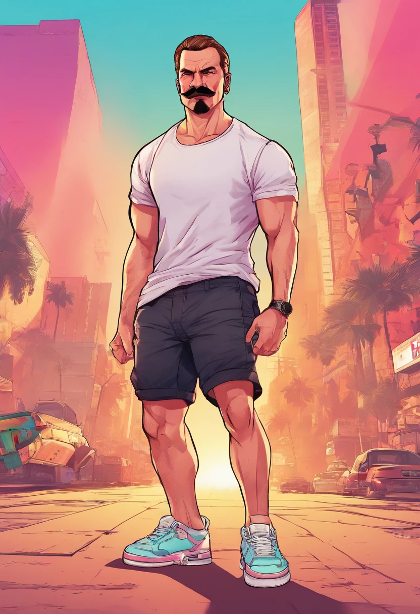 caucasian man, 27 years old, gradient haircut, muscular, 85 kg, athletic, moustache, basic white t-shirt, black cargo shorts, white sneakers, handsome, 4k
