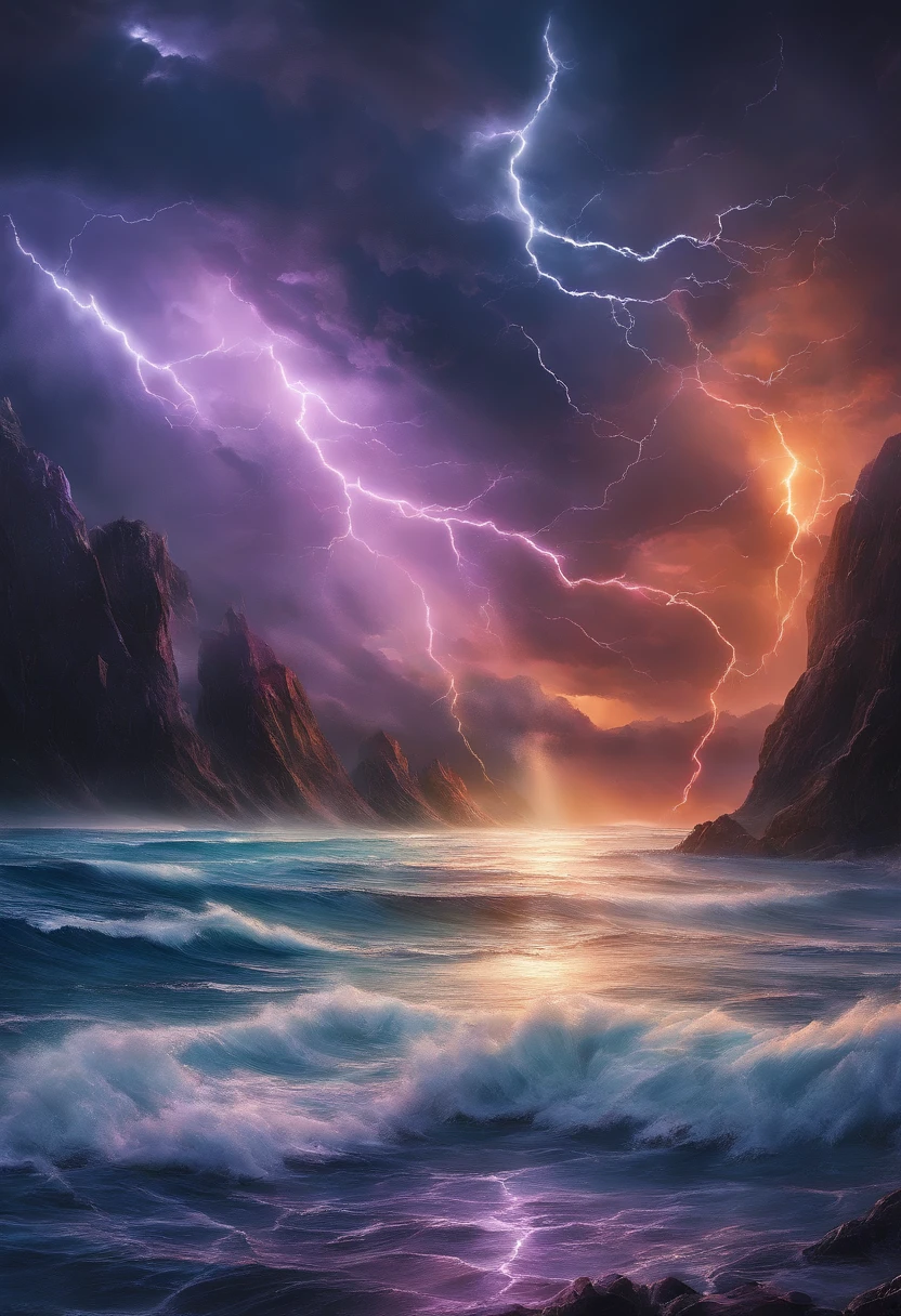 Anime girl. Long red hair. Green eyes Outdoors. Ocean, water. Thunderhead, sunset, lightening bolts, lightening hitting water. Nude, Nudity, ((2:1massive breasts)), visible nipples. Visible vagina. Oozing. 1character. (1girl). wet skin, dripping wet. Freckles. Solo. Alone. Wind blown hair. Sultry expression, sexy pose, kneeling. legs apart. Tan skin, elf ears. Tropical Island. Thunderstorm. raining. Wet hair. Full body, long legs. raining