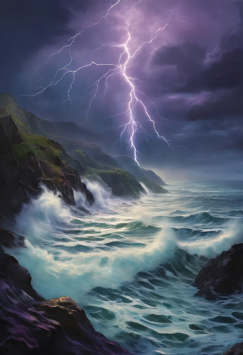 (ultra-detailed,realistic) A powerful storm, Furacao, approaching with intense force and dark clouds. The storm is depicted with dynamic brush strokes and realistic textures [oil paint] to capture the raw power and energy. The scene is filled with crashing waves and swirling winds, conveying the chaotic nature of a hurricane [stormy sea]. The rain is pouring down heavily, creating a sense of motion and drama. The colors used are deep and moody, with shades of gray, dark blues, and purples, to emphasize the ominous atmosphere. The lighting in the scene is dramatic and highlights the dramatic sky and waves. The lightning illuminates the stormy scene, casting shadows and adding to the overall intensity.