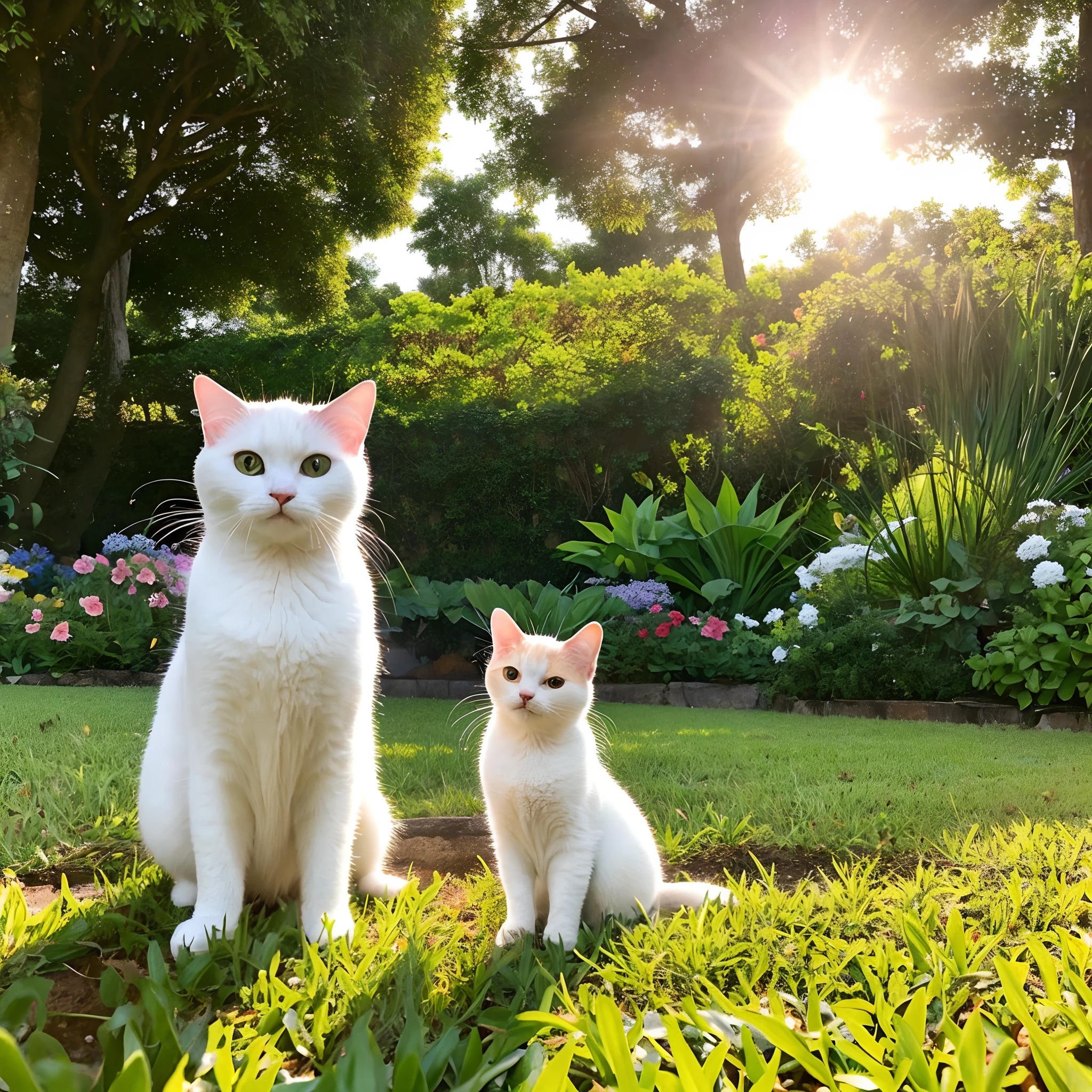 Por favor, Create a description for an image that highlights two adorable cats. One of them is an all-white cat, com pelagem reluzente, while the other is smaller and has a black and white coat. Both cats are in an environment surrounded by the beauty of nature. They are in the middle of a lush garden, onde flores coloridas se misturam com a grama verde vibrante. The golden afternoon sun casts a soft light on the scene, creating soft shadows and bringing out the details of the cats as they explore the natural environment around them