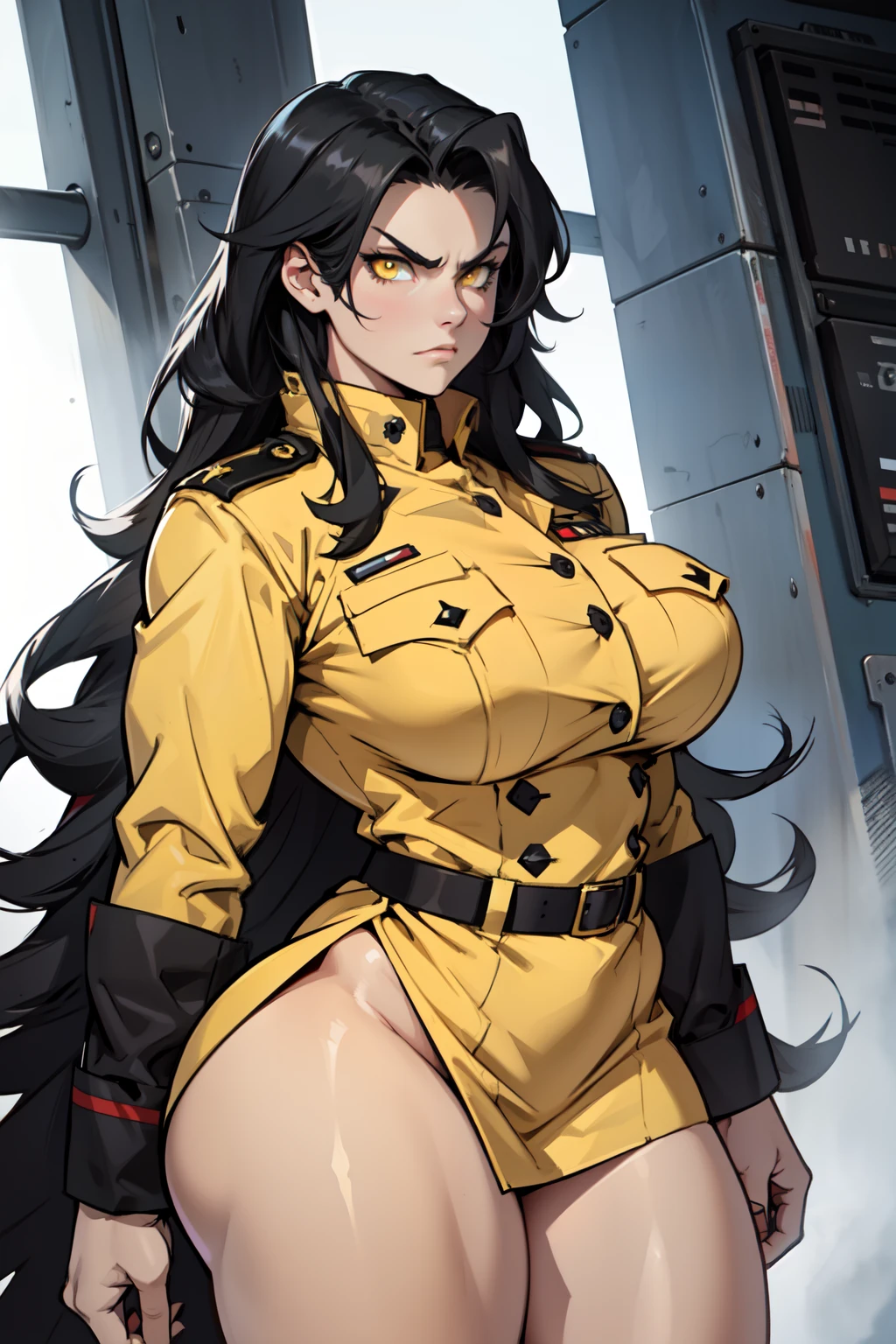 solo, 1 girl, (very long hair), black hair, angry, yellow eyes pale skin wide hips thick thighs curvy muscular toned body bodybuilder huge tits ((military uniform))