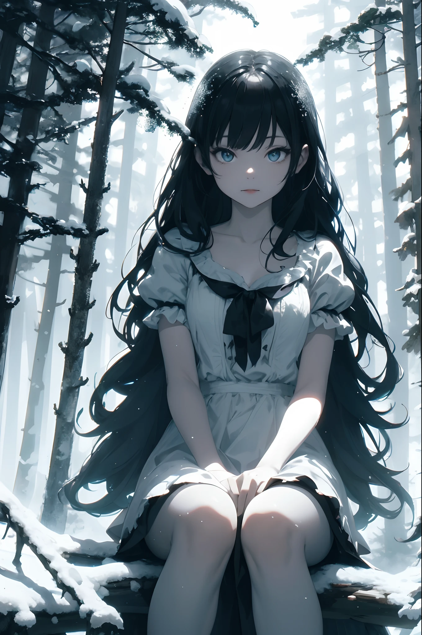 snow white Disney sexy sitting in a ghostly forest with light behind the viewer full of many pine trees little fog with high definition image minimal contrast with frontal perspective and line to the horizon, cinematic