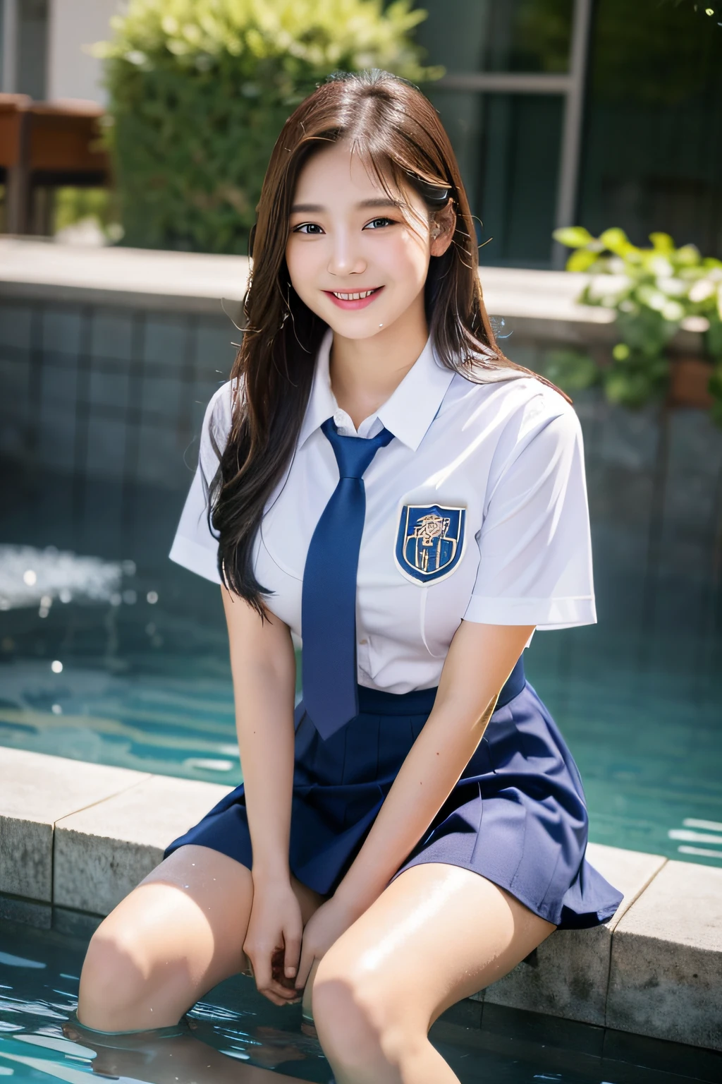 (8K), (Best Quality: 1.2), (Realistic), (Photorealistic: 1.37), Ultra High Definition, 1 Girl, Cute, Smile, Closed Mouth, Beautiful Details, Beautiful Nose, Full Body, Wet Hair, Colossal Dalsefo, Pork, School Uniform, Thighs