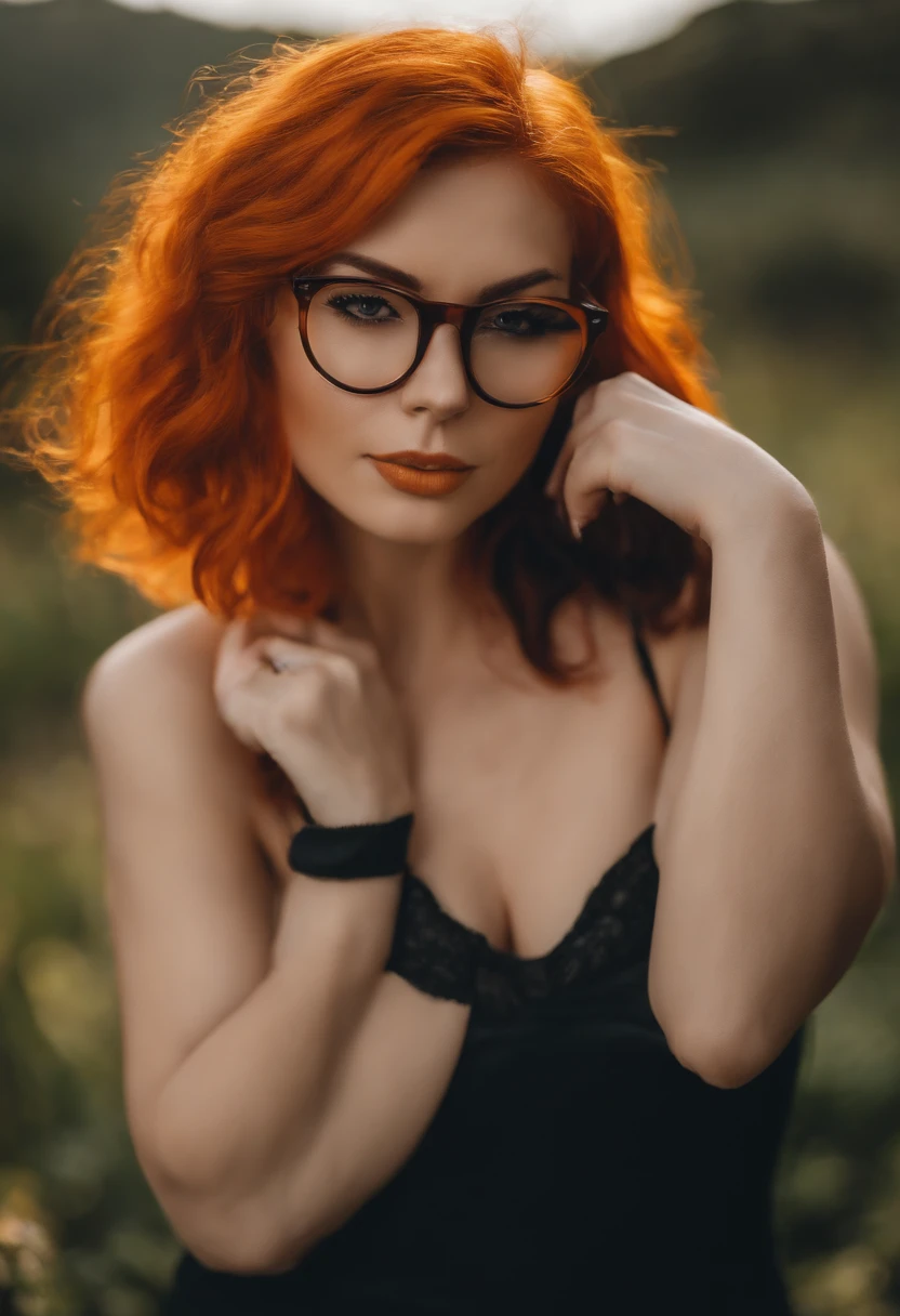 Girl with orange hair and Glasses. Nude dildo in her pussy