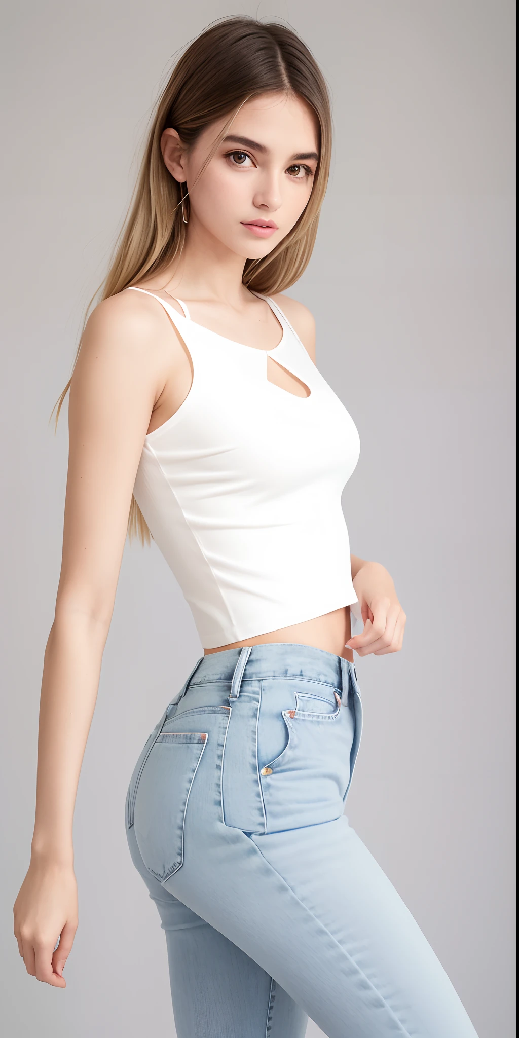 uma mulher de top branco e jeans posando para uma foto, usando um top cropped sexy, usando topo de corte, topo de corte, tampo branco, Topo de colheita, usando um top cropped, usando regata, usando um top cropped, usando um topo de corte, Bralette, usando uma camiseta regata, usando um top bonito, usando roupas simples e apertadas, tampo de cabresto branco