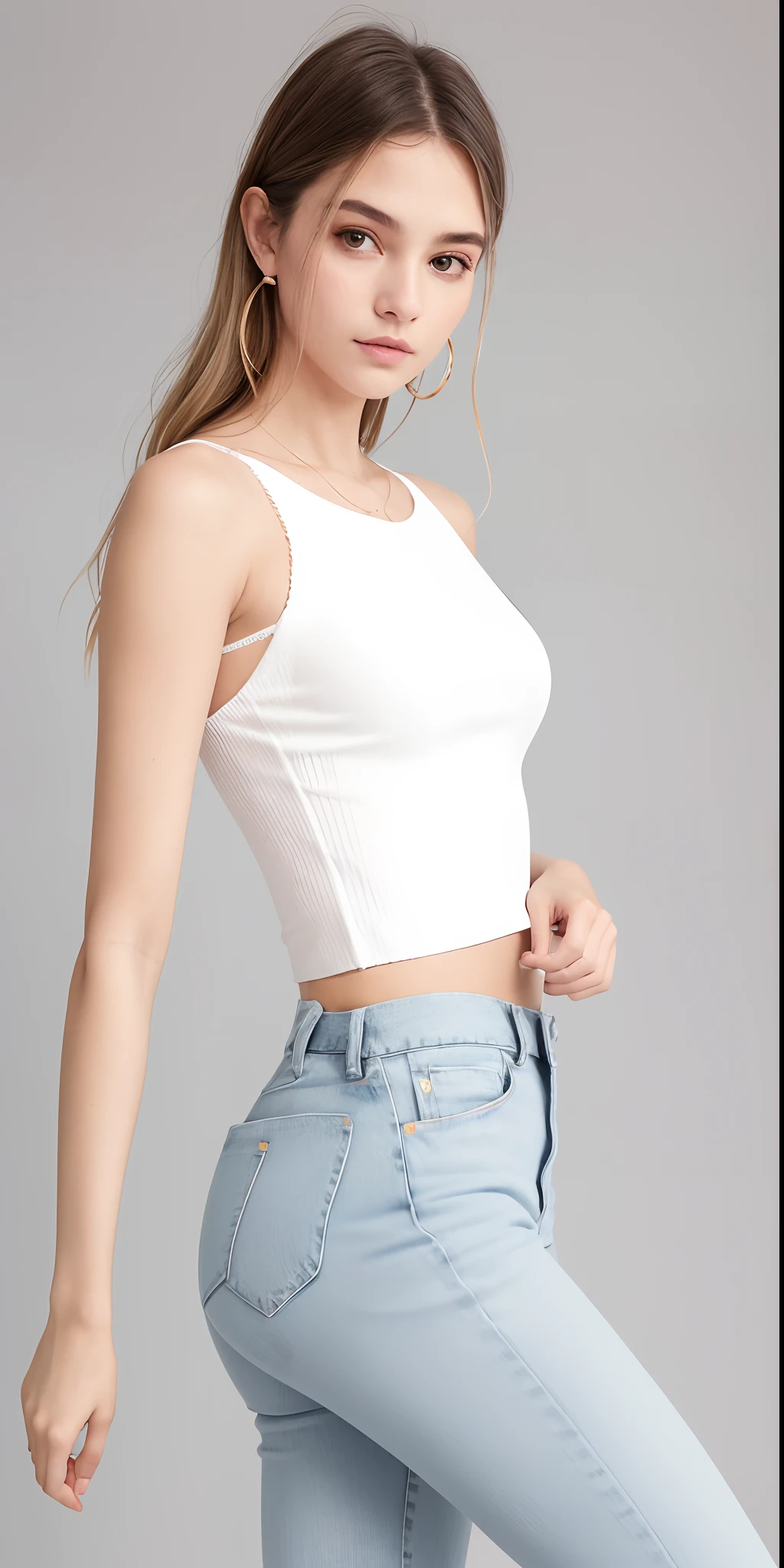 uma mulher de top branco e jeans posando para uma foto, usando um top cropped sexy, usando topo de corte, topo de corte, tampo branco, Topo de colheita, usando um top cropped, usando regata, usando um top cropped, usando um topo de corte, Bralette, usando uma camiseta regata, usando um top bonito, usando roupas simples e apertadas, tampo de cabresto branco