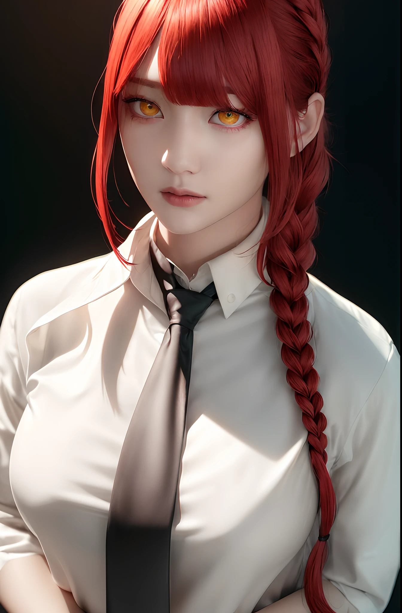 masterpiece, (photorealistic:1.4), best quality, beautiful lighting,
(ulzzang-6500:0.5), makima \(chainsaw man\), (red hair)+(long braided hair)+(bangs), yellow eyes, golden eyes, ((ringed eyes)), (white shirt), (necktie),
RAW photo, 8k uhd, film grain