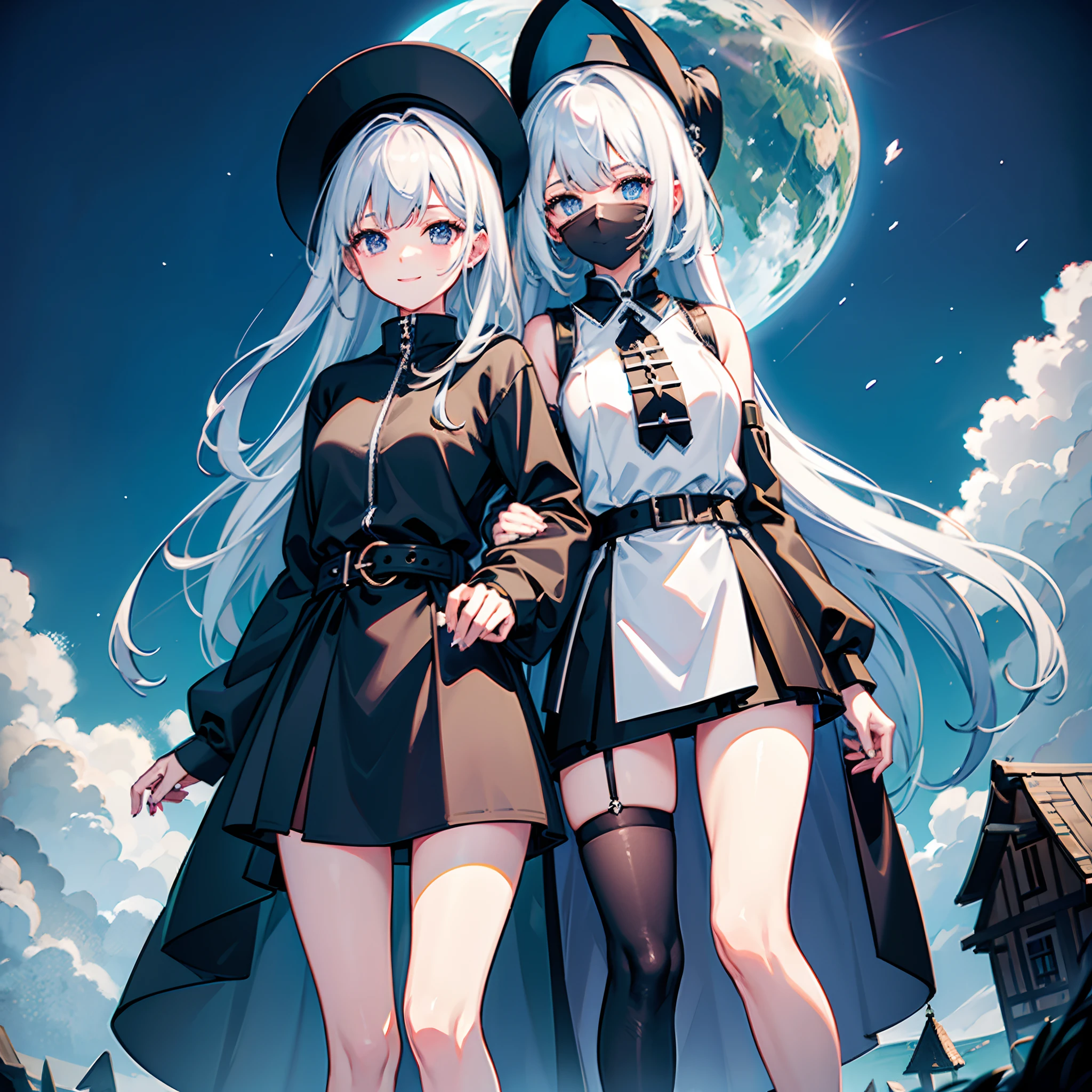 A mystical otherworldly half-timber town、Standing Girl、Black coat、white t-shirt、a black skirt、beautiful thigh、Beautiful calves、White bob hair with blue-purple mesh、Looking at me with a smile、Black sneakers with white shoelaces、Large witch hat with sapphire accessories、Dark brown eyes with highlights、On a hilltop with a panoramic view of the town