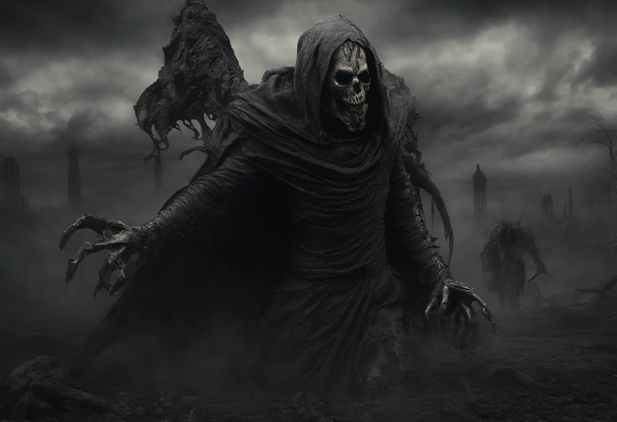 Photographic still of a sprinting demonic thrall raised from the dead to conquer the former kings who rule the throne. Abnormally tall and lanky, his long body of bone and undead skin allow him to run at speeds higher than any living creature. Long fingernails blackened by dirt, his jaw broken and teeth sharpened by file.