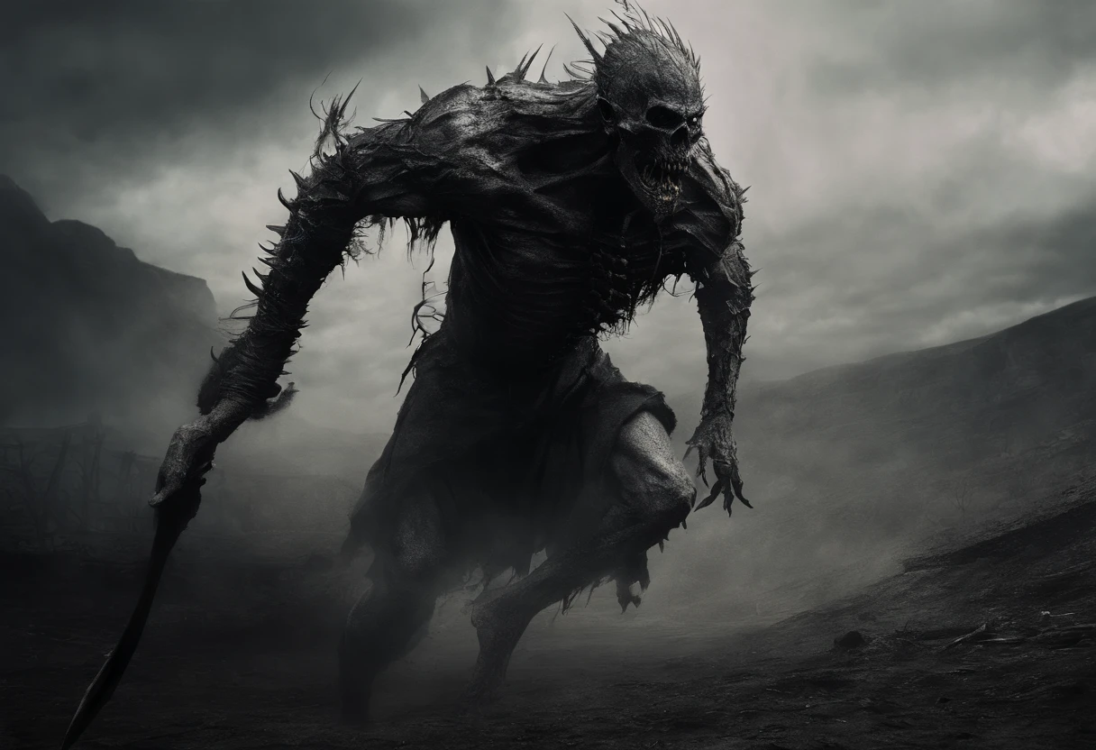 Photographic still of a sprinting demonic thrall raised from the dead to conquer the former kings who rule the throne. Abnormally tall and lanky, his long body of bone and undead skin allow him to run at speeds higher than any living creature. Long fingernails blackened by dirt, his jaw broken and teeth sharpened by file.