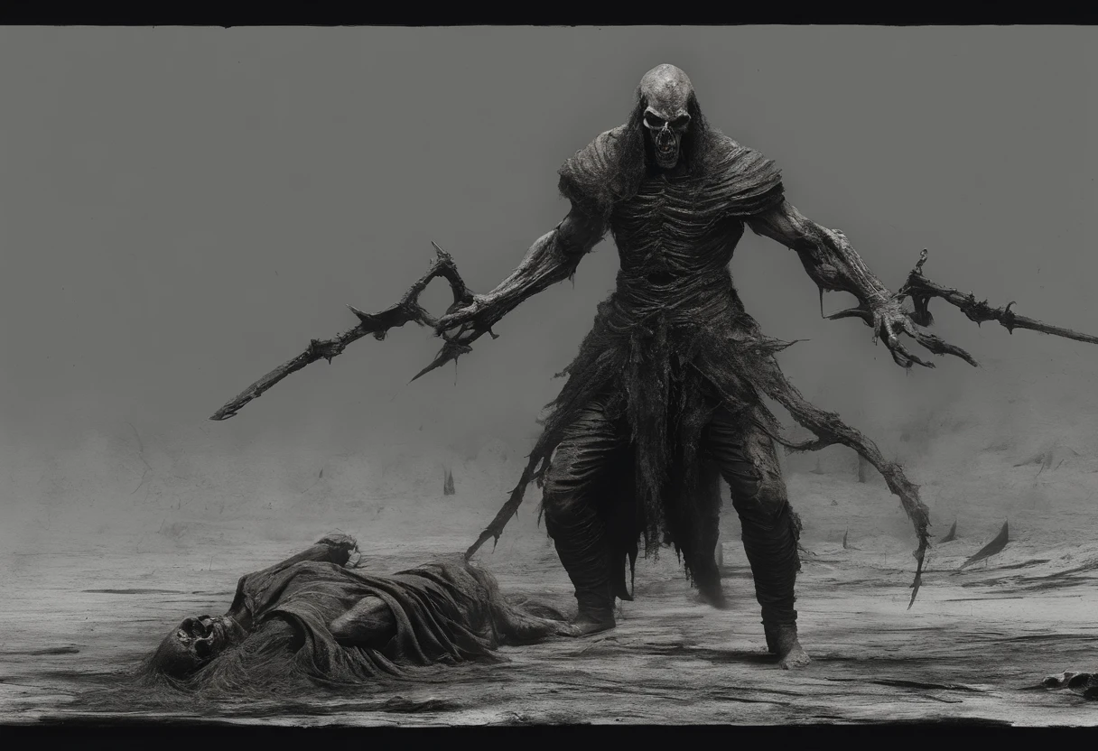Photographic still of a sprinting demonic thrall raised from the dead to conquer the former kings who rule the throne. Abnormally tall and lanky, his long body of bone and undead skin allow him to run at speeds higher than any living creature. Long fingernails blackened by dirt, his jaw broken and teeth sharpened by file.