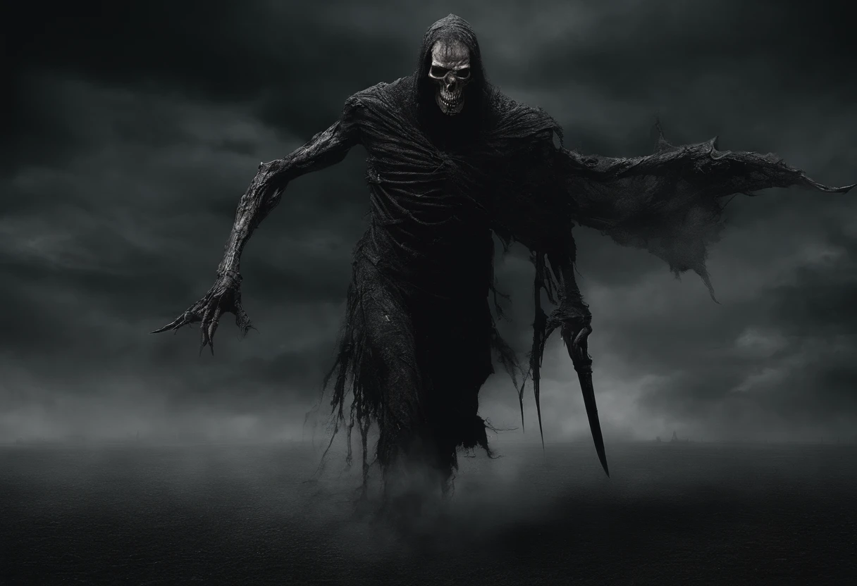 Photographic still of a sprinting demonic thrall raised from the dead to conquer the former kings who rule the throne. Abnormally tall and lanky, his long body of bone and undead skin allow him to run at speeds higher than any living creature. Long fingernails blackened by dirt, his jaw broken and teeth sharpened by file.