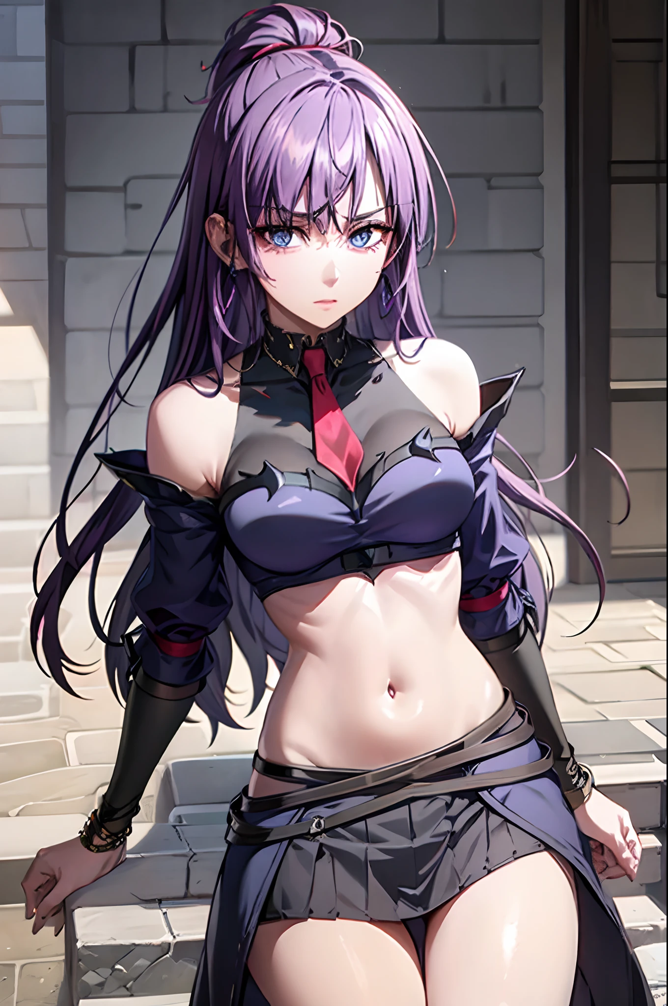purple shiny hair,blue eyes,long hair,half closed eyes,bare midriff,navel,ferronnières,black veil,black slaveles top,black velvet hip scarf,golden neck bracelet,golden earings,