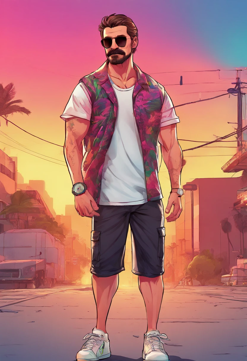 Caucasian man, 27 years old, gradient haircut, muscular, 85 kg, athletic, bushy mustache, basic white t-shirt, black cargo shorts, white sneakers, handsome, 4k, frontal pose, sunglasses.