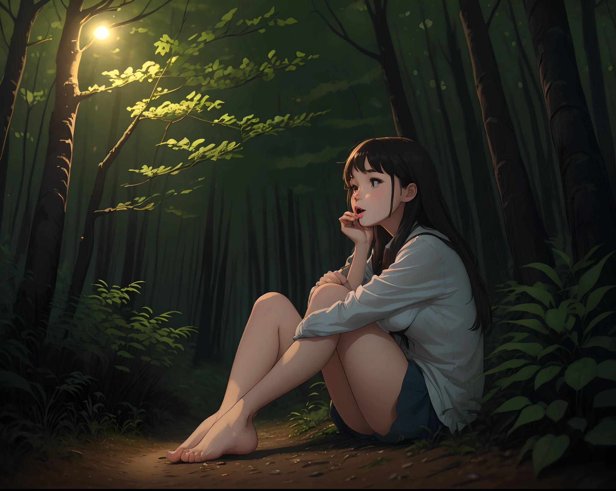 A beautiful girl in the forest tries to lick her feet at night