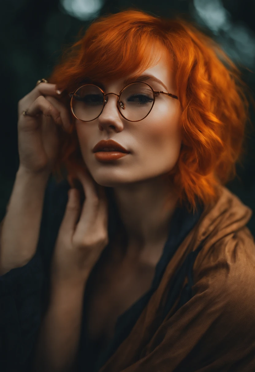 Girl with orange hair and glasses sucking on a penis