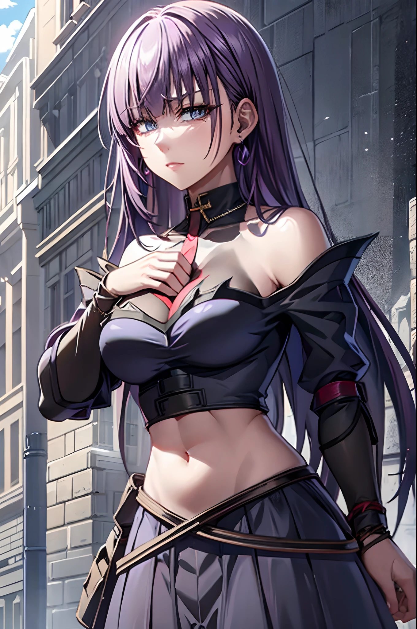 Bright purple hair,blue colored eyes,long hair,eyes half closed,nude belly,へそ,ferronnières,black veil,black slave top,sheer black velvet hip scarf, Golden neck bracelet,gold earrings, breasts a little too big