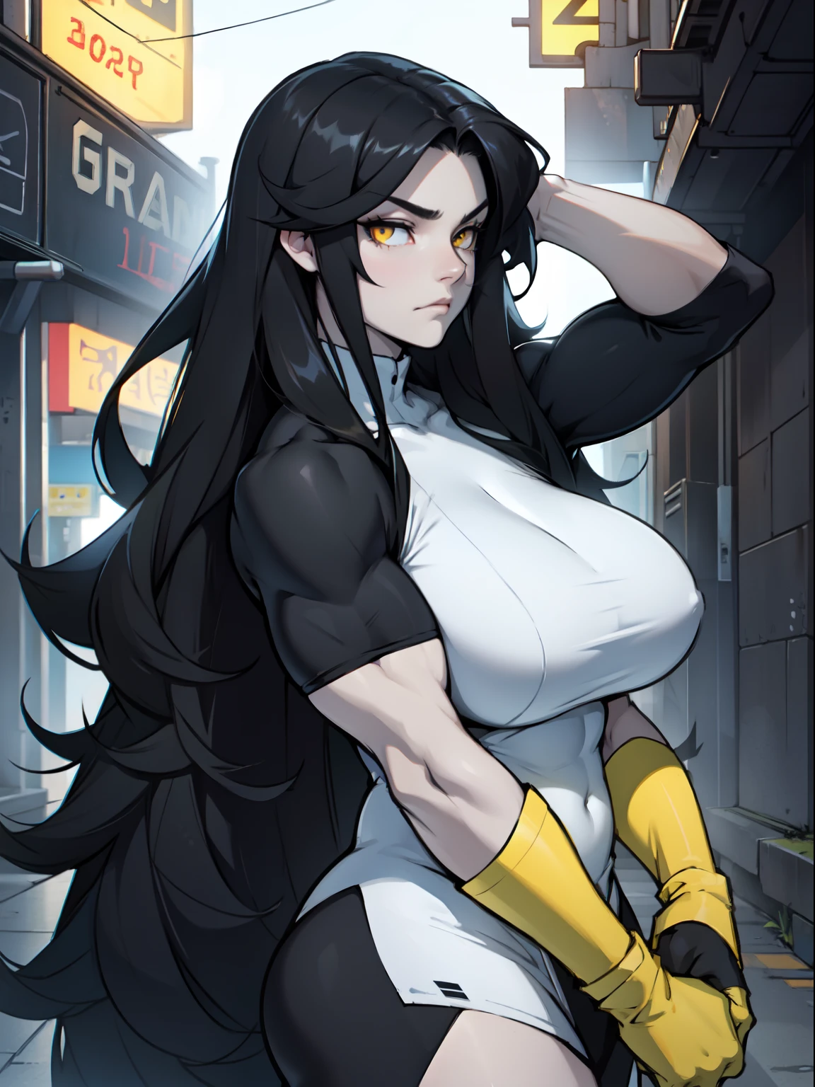 sad very long hair (muscular) girl pale skin black hair yellow eyes huge breasts