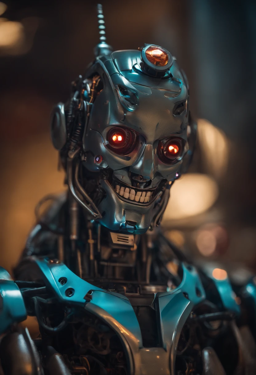 humanoid robot, open mouth, evil smile