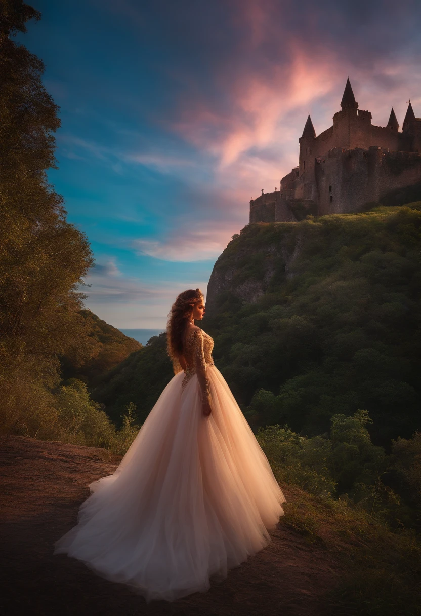 de cabelos pretos em um mundo de fantazia castelo nas nuvesn por do sol com unicornil