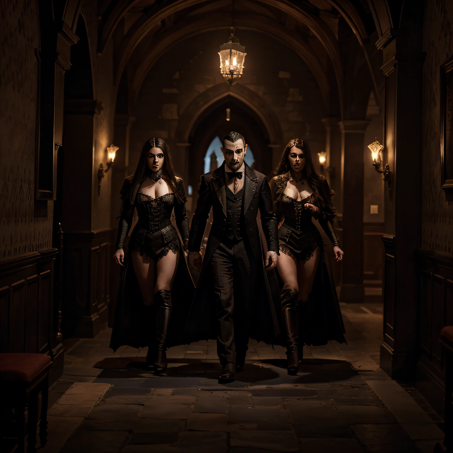 The moonlight casts a sinister glow over the castle walls, as Draculas minions roam the halls and the wallpaper comes to life with hauntinly detailed  depictions of the infamous vampire and his mobstrous companions. 8k, high res, high detail, ultrarealistic