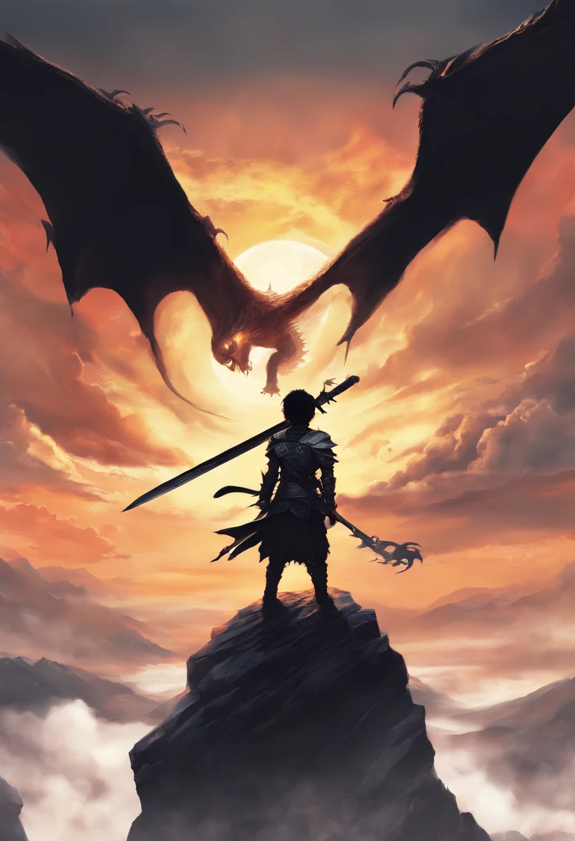 mythology, dragon slayer boy with sword, wearing black, dragons flying in the sky in the distance behind him