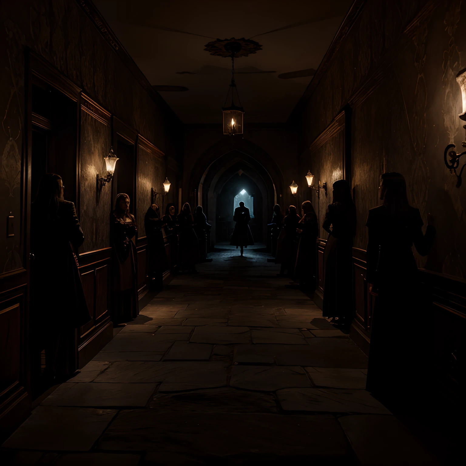 The moonlight casts a sinister glow over the castle walls, as Draculas minions roam the halls and the wallpaper comes to life with hauntinly detailed depictions of the infamous vampire and his mobstrous companions. 8k, high res, high detail, ultrarealistic