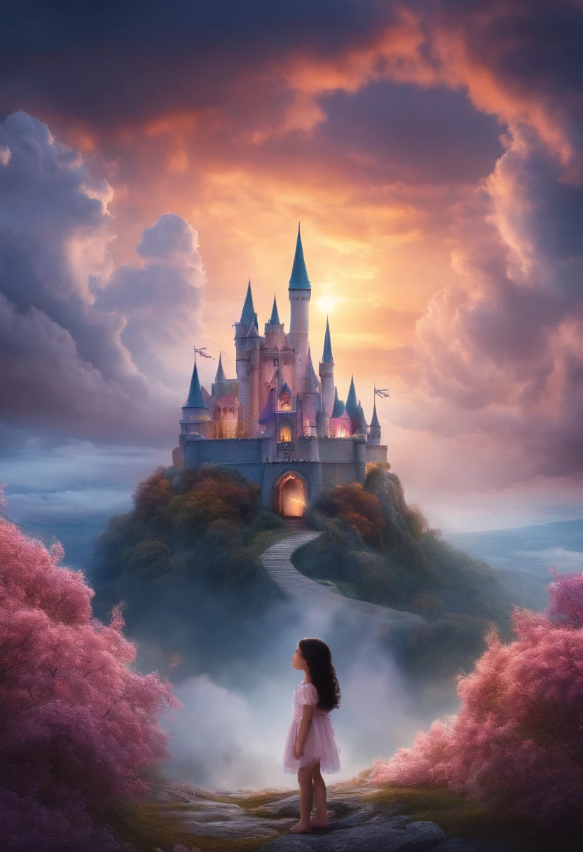 Black-haired in a fantasy world Castle in the clouds sunset with unicorn