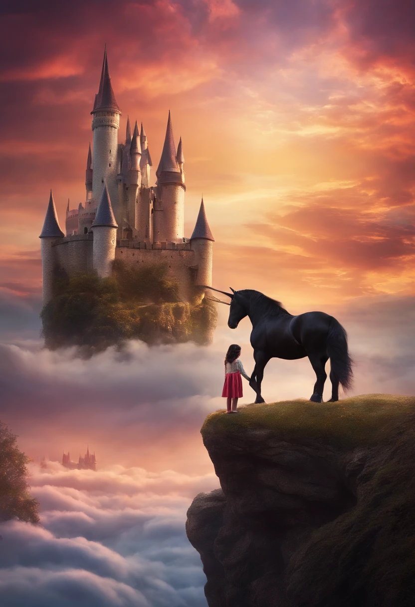 Black-haired child in a fantasy world Castle in the clouds Blue sky with white unicorn