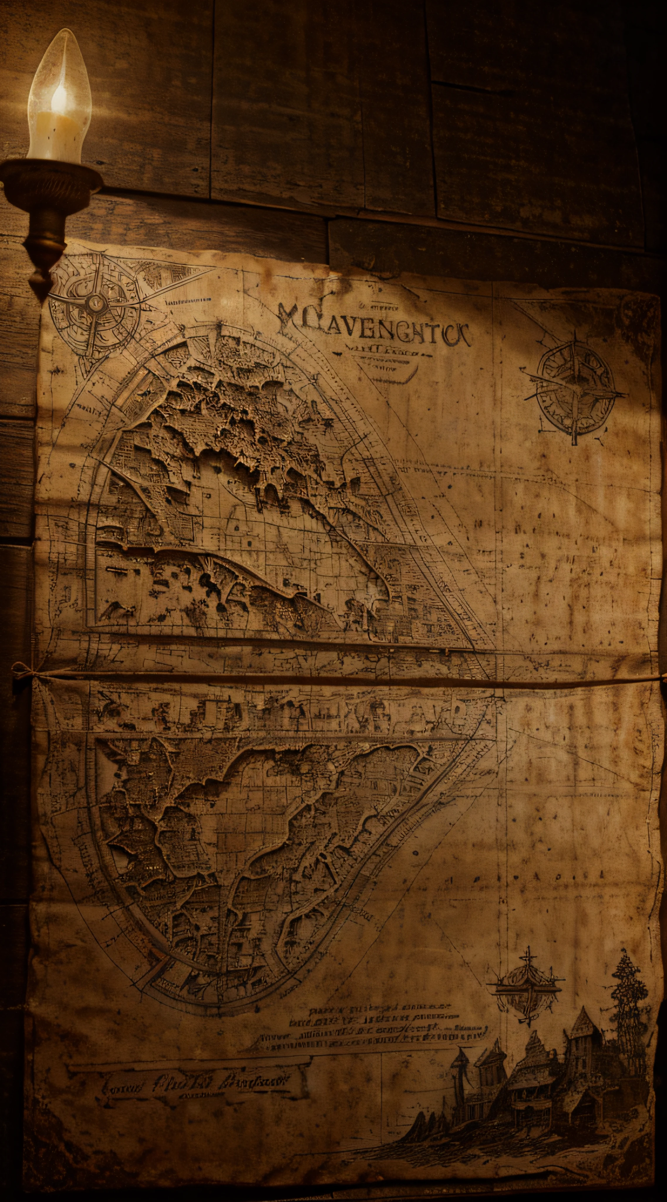 (mysterious map,old,glowing ethereal light),(antique,paper,weathered parchment),(detailed edges,ancient symbols,hidden secrets,ancient treasure),(best quality,4k,highres),sepia tones,adventure,ancient artifacts,mythical creatures,treasure hunt,torchlight