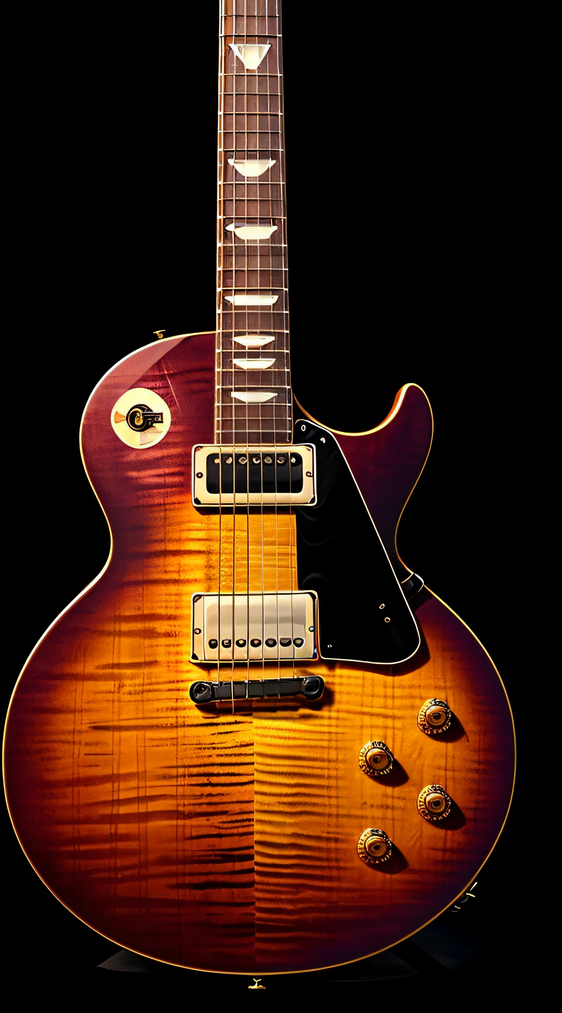 Photorealism, photorealistic, realism, realistic, a cherry sunburst les paul, black background