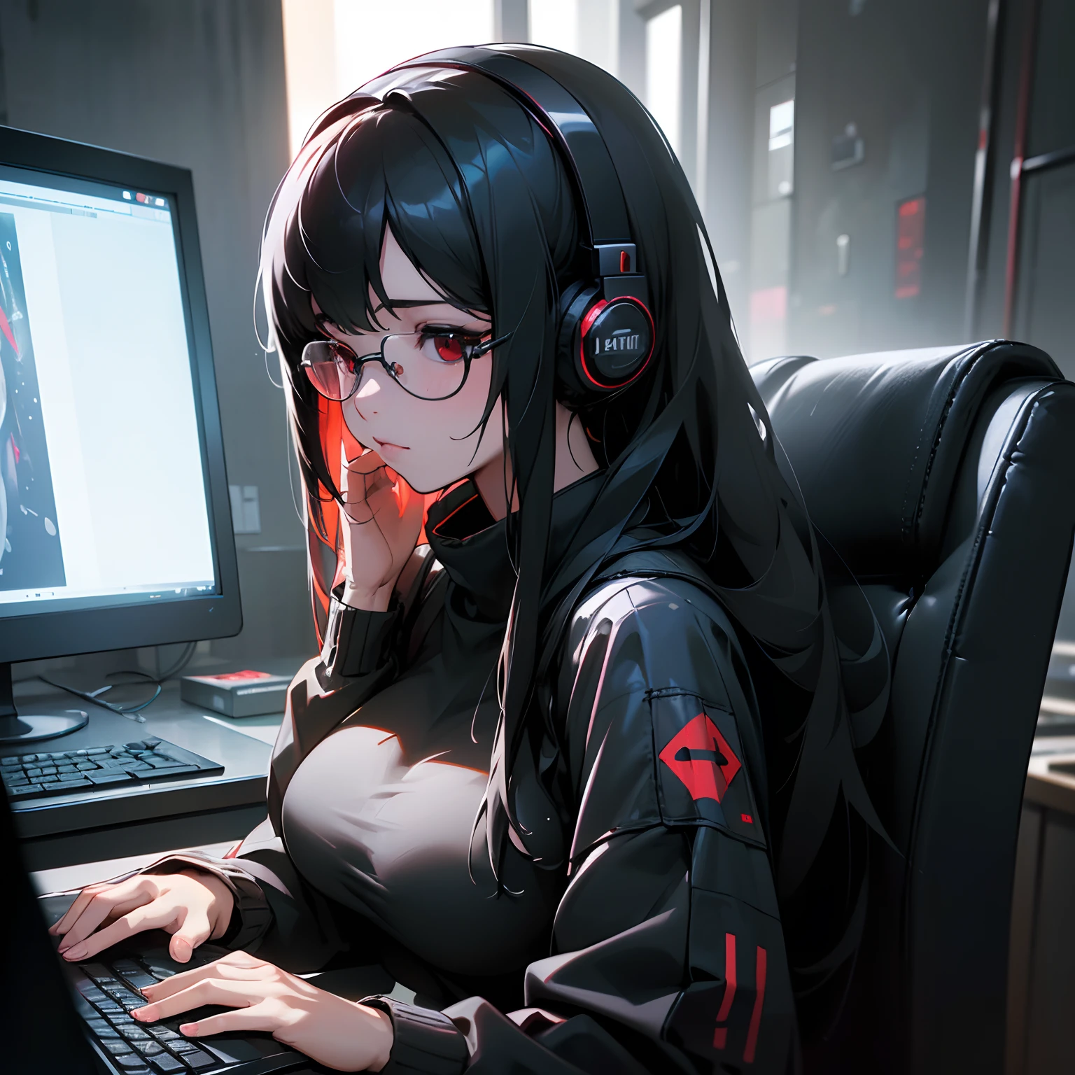 (best quality,4k,8k,highres,masterpiece:1.2),ultra-detailed,(realistic,photorealistic,photo-realistic:1.37),anime,girl,messy,long black hair,hacker,red eyes,glasses,headphones,solo,using computer,cyberpunk,big breasts,nerdy,unkept room.