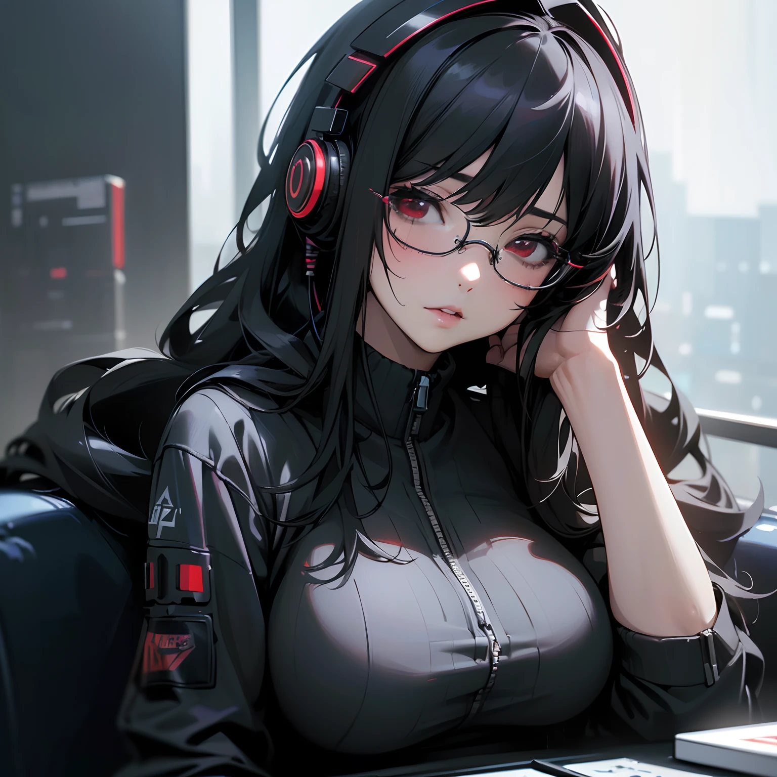 (best quality,4k,8k,highres,masterpiece:1.2),ultra-detailed,(realistic,photorealistic,photo-realistic:1.37),anime,girl,messy,long black hair,hacker,red eyes,glasses,headphones,solo,using computer,cyberpunk,big breasts,nerdy,unkept room.
