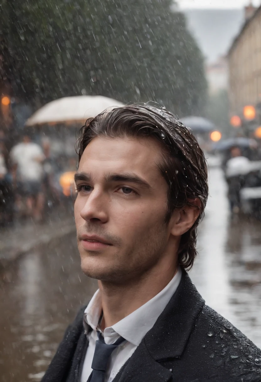 Gere uma imagem em 4K ultra realista e ultra detalhista de um homem loiro elegante e bem vestido caminhando em uma rua chuvosa. Quero que a chuva seja retratada de forma extremamente realista, With every raindrop visible and clear. O homem deve usar roupas sofisticadas e estar imerso em seu ambiente, with his facial expression capturing the feeling of the rain. The lighting of the scene should create reflections in the puddles of water on the street and highlight the details of the man's clothing. Make sure the image conveys an atmosphere of rain and elegance, com um foco especial na nitidez e nos detalhes.