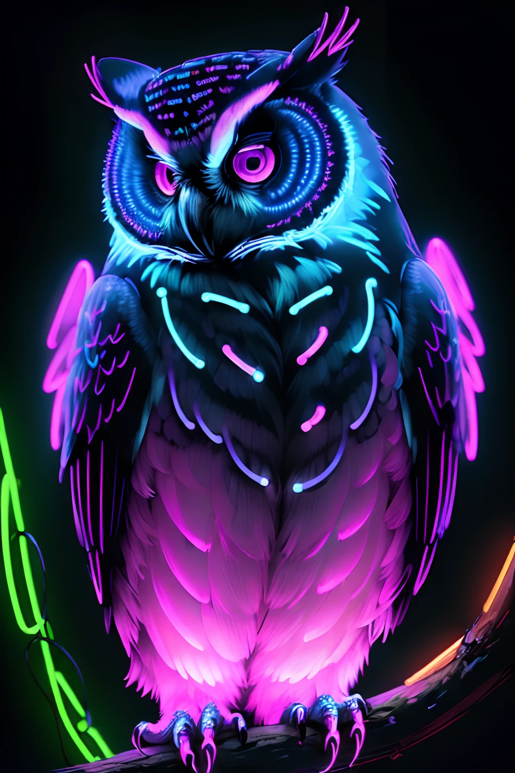 (((masterpiece))), (((neonart))),realistic , neon owl, high detail neon owl glowing, neon owl, neon tree, neon moon,