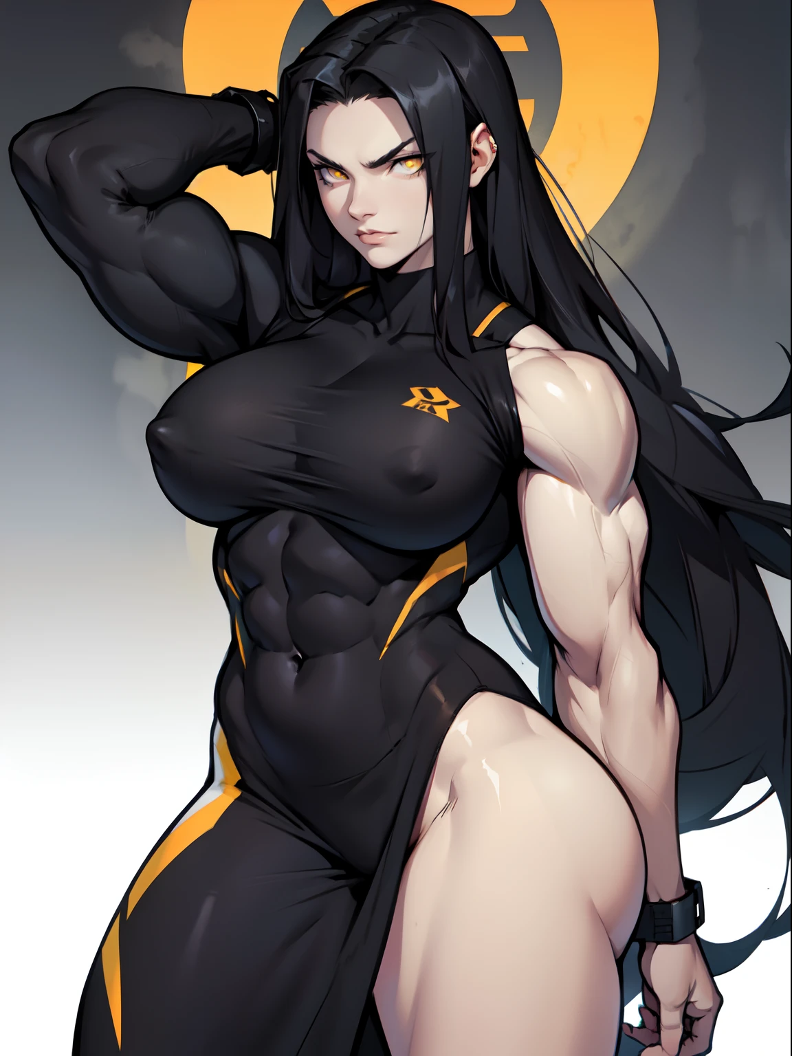 furious very long hair (muscular) girl pale skin black hair yellow eyes huge breasts