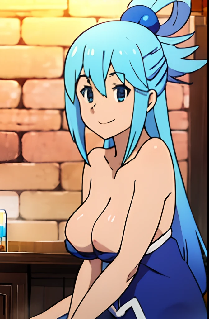 aqua from konosuba, nude, shame smile face, sitting on a medieval pub