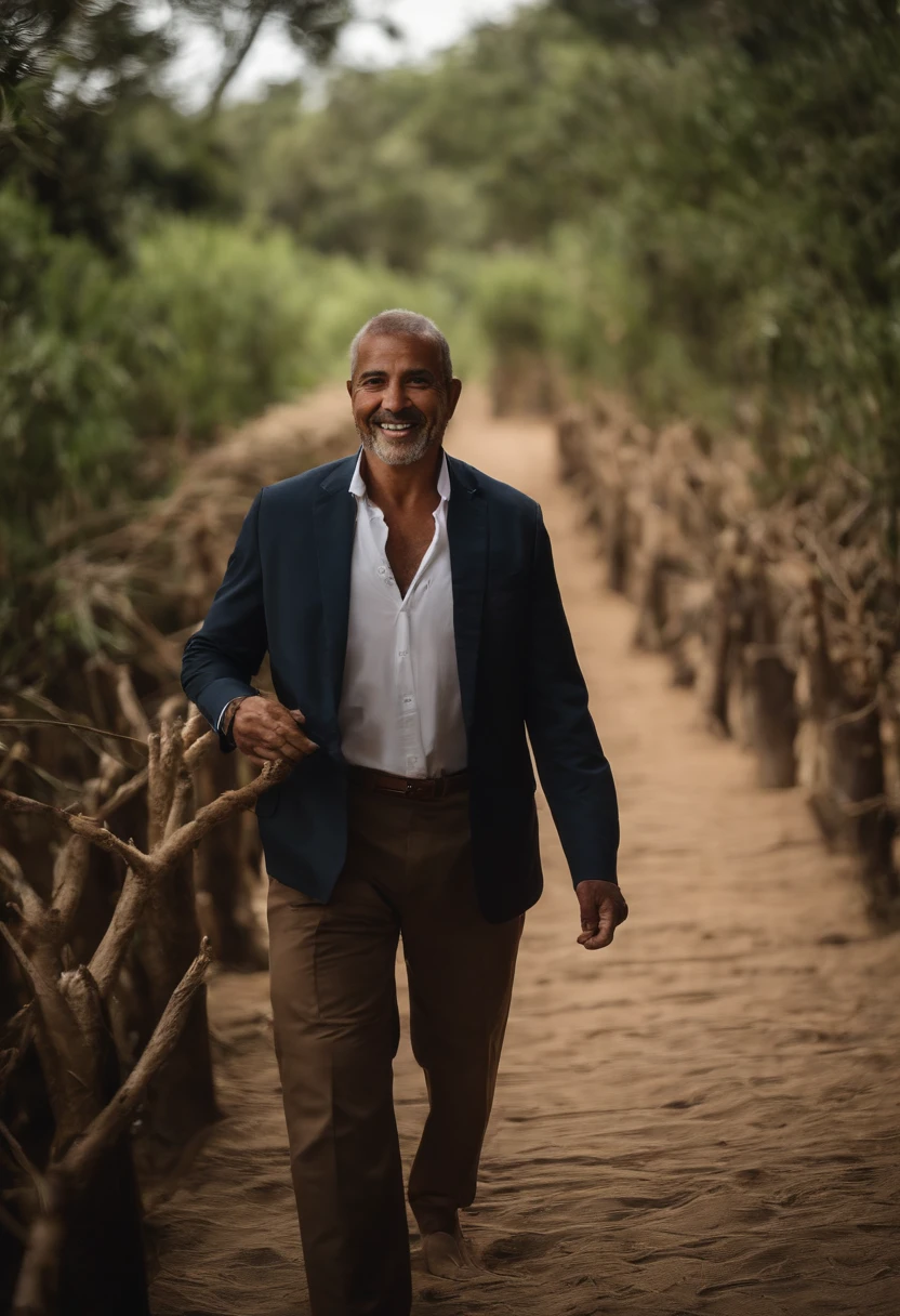 Velha sorridente。Carregue duas vasilhas de barro。(A imagem mostra uma velha sorrindo gentilmente e caminhando na margem de um riacho, levando os dois vasos de barro nas costas com um bambu)
