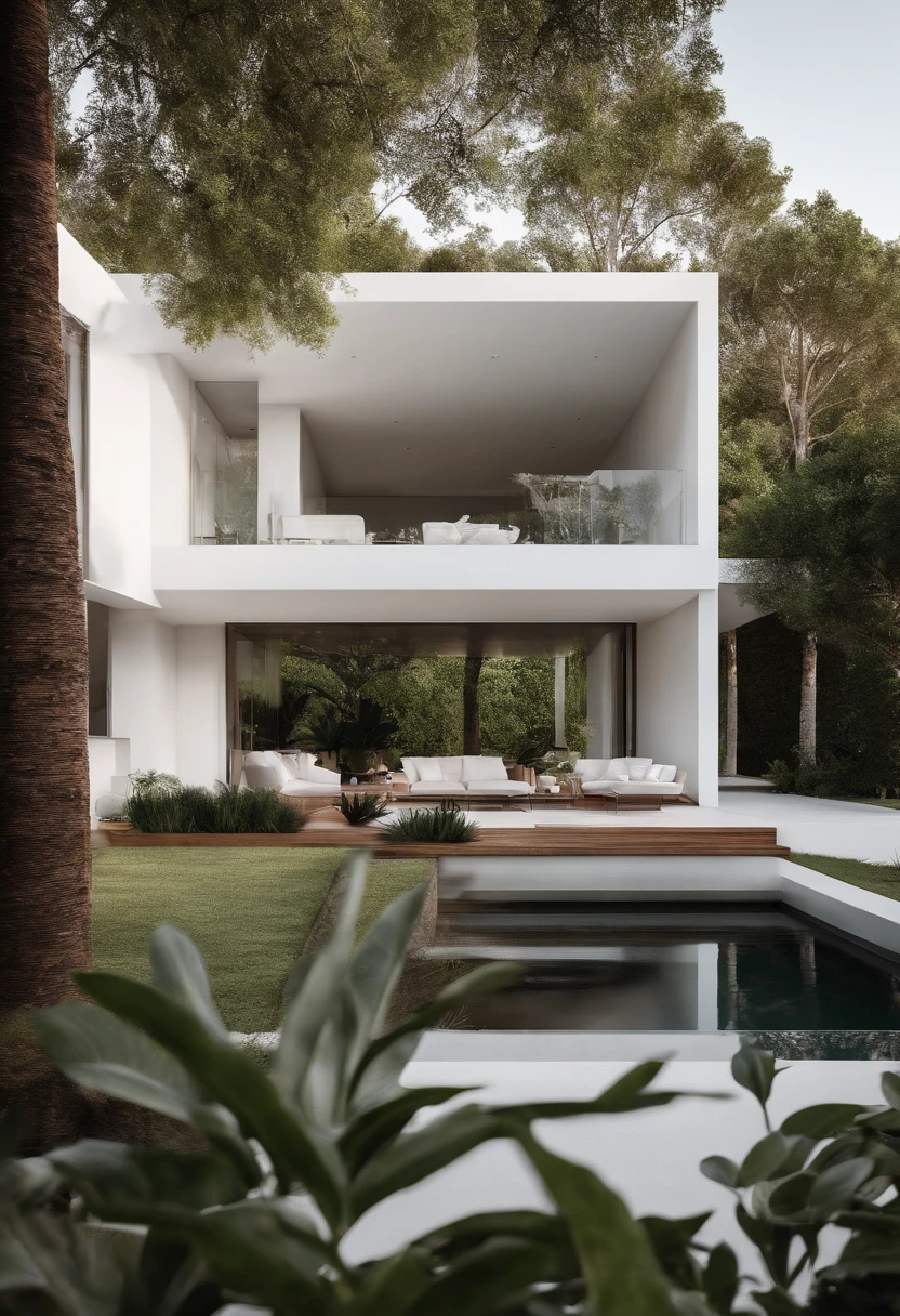 casa minimalista, 2 camadas,  White and garden with trees
