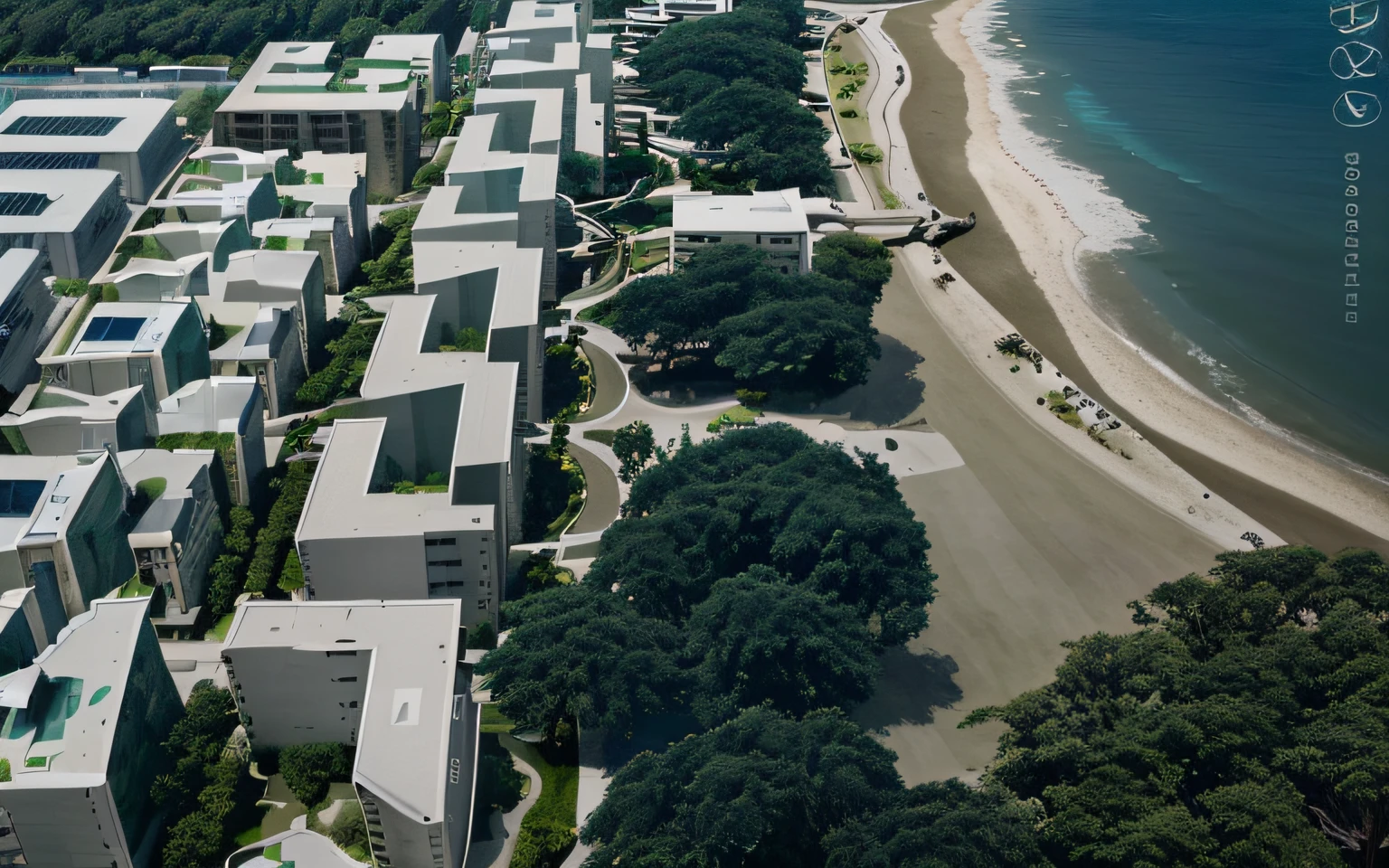 modern buildings. Generate an image of a sustainable seaside city that features buildings with a mix of gray and green, symbolizing the integration of urban architecture with nature. Buildings should be designed with green roofs, fachadas cobertas de plantas trepadeiras e elementos naturais incorporados, such as trees and hanging gardens. Make sure the city has a stunning waterfront, with clean beaches and clear waters. The image should convey the feeling of a city that prioritizes sustainability, where nature and urbanization coexist harmoniously, creating a pleasant environment for its inhabitants