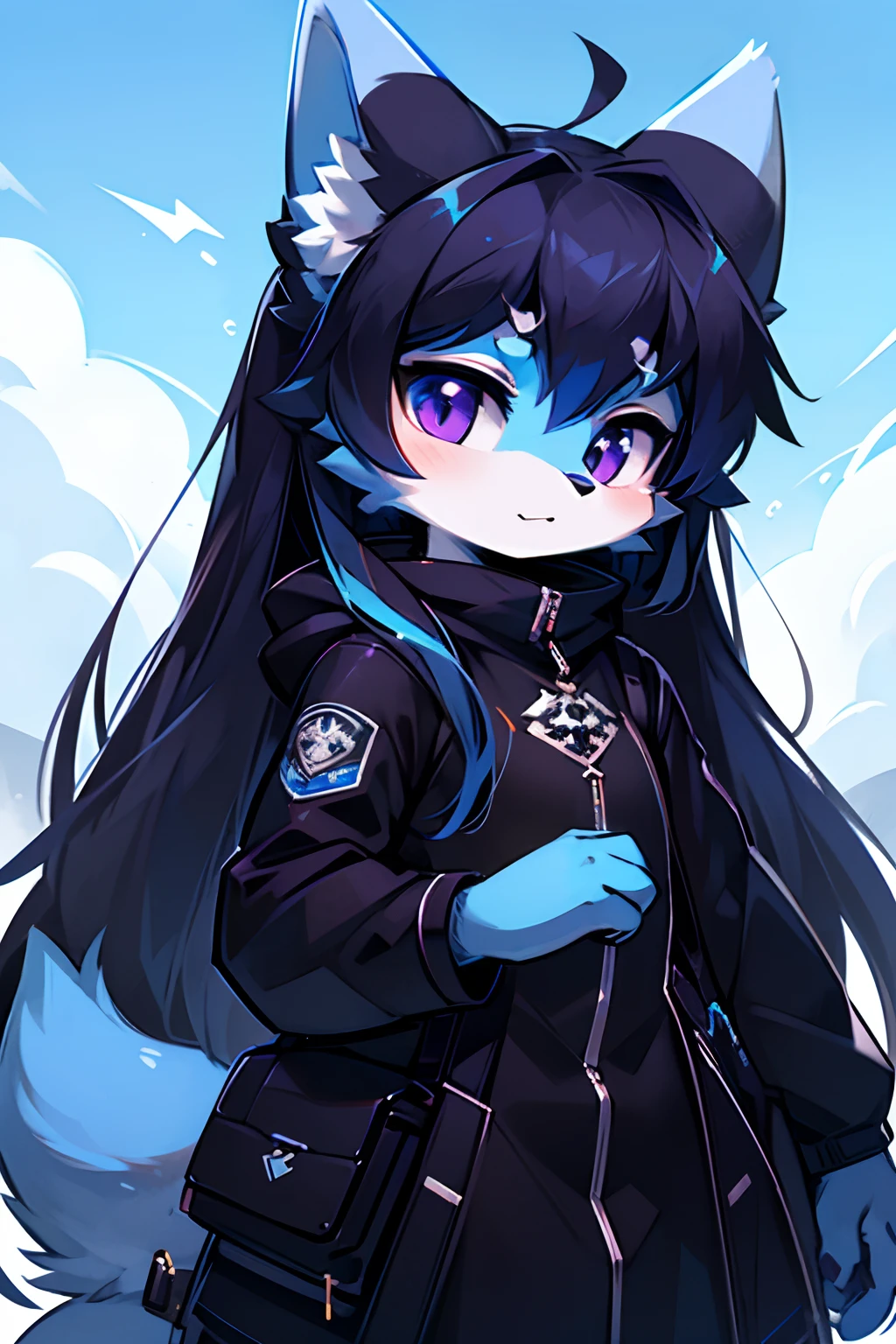 1 girl, anthropomorfic fox, anthro, fox, blue fur, blue boddy, white details, purple eyes, e621, furry art, black clothage, black ears, black  paws, dark blue hair, long hair, cute, chibi, holding two revolvers.