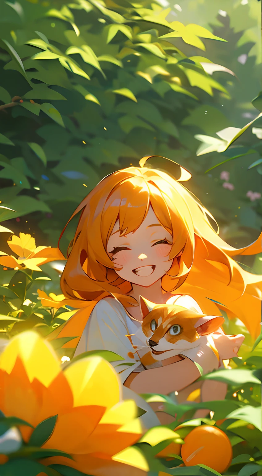 A cute  girl，orange long hair，Keep bangs，She plays with an orange kitten，rays of sunshine，grin face，having fun，Childhrpical garden