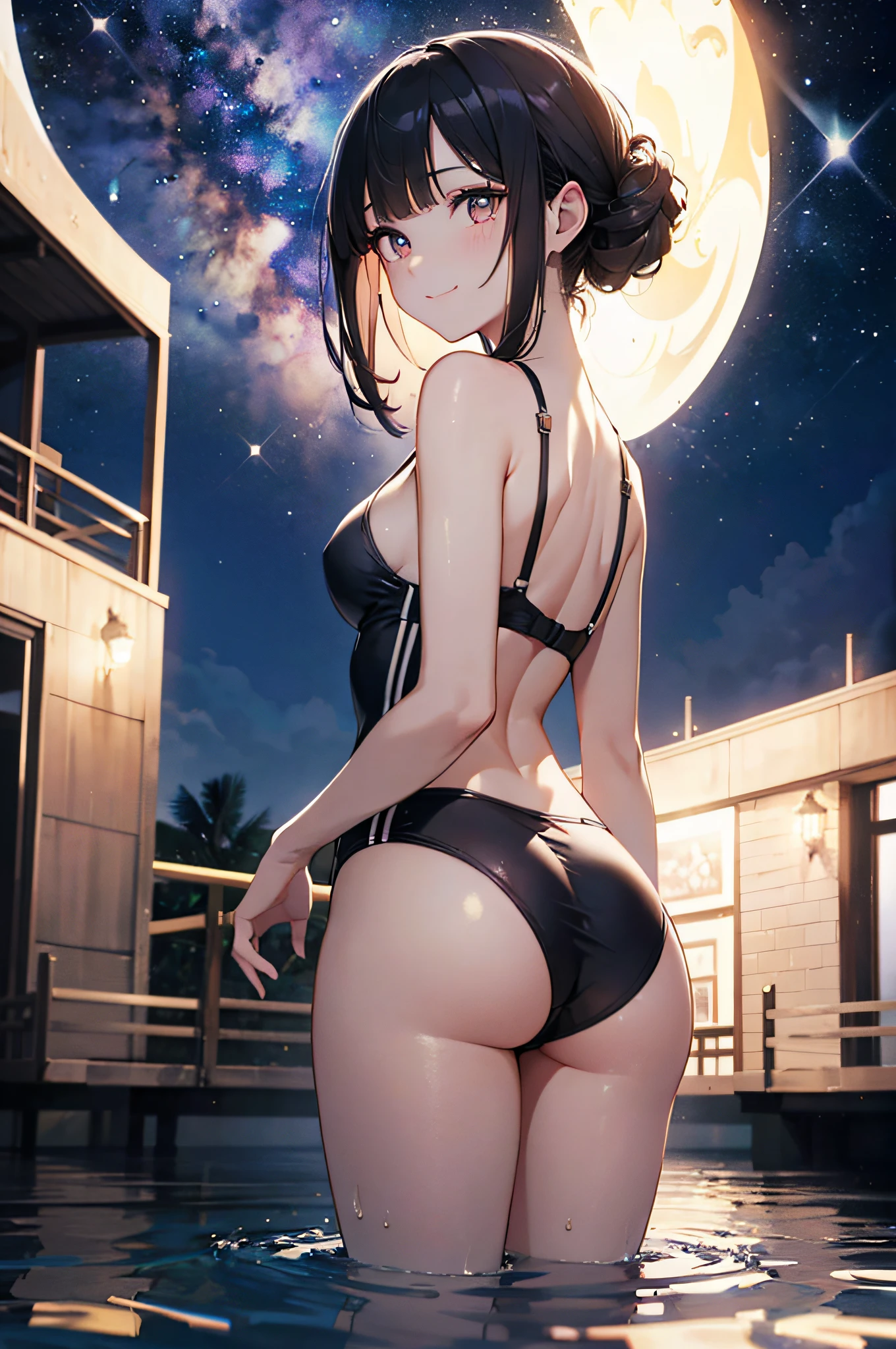 (Official art、Best Quality、Unity 8k Wallpapers、32K、​masterpiece、ultra-detailliert、超A high resolution、realisitic、Photorealsitic:1.2)、(Cinematic lighting:1.2)、Fireglow effect、film grains、Best Shadows、Rim lighting、side lights、sideshot、(Ultra-detailed and complex 3D rendering)、Sharp pupils、Realistic pupils、cowboy  shot, Highly detailed background、beauitful face、blurry backround、a beauty girl、(super detailed skin、detailed skin textures:1.3)、Milky white over a lake with a boat in the foreground, endless cosmos in the background, magnificent milky way, the sky has the milky way, the milky way in the sky, Empty space, Milky way, lost in the milky void, absolutely outstanding image, Milky Way Express, space photo, Galaxy in the sky, Beautiful space, Travel through the stars、Bathing、bath towels、Shoulder-deep in hot water、swim wears、２０Year Beauty、Beautiful black hair、Blunt bangs、eyes are brown、looking happy smile、from behind、buttock、Beautiful back、