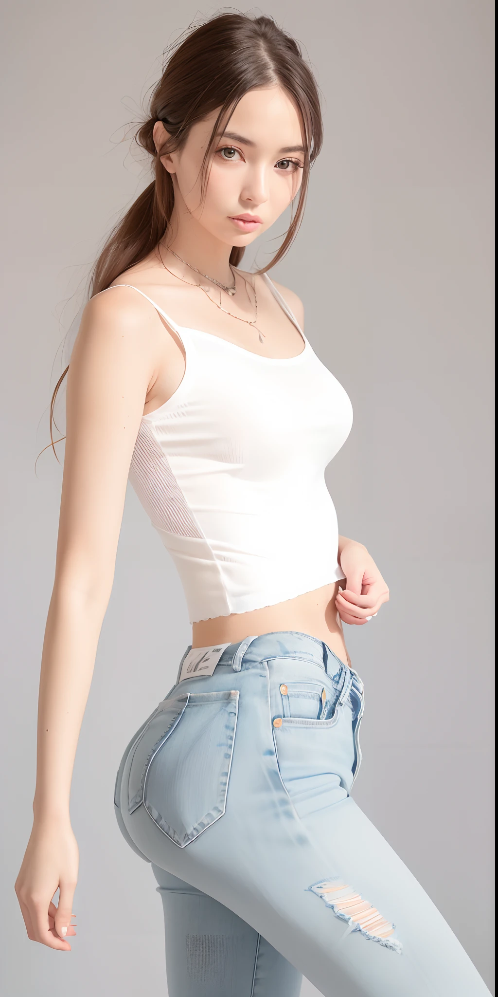 uma mulher de top branco e jeans posando para uma foto, usando um top cropped sexy, usando topo de corte, topo de corte, tampo branco, Topo de colheita, usando um top cropped, usando regata, usando um top cropped, usando um topo de corte, Bralette, usando uma camiseta regata, usando um top bonito, usando roupas simples e apertadas, tampo de cabresto branco