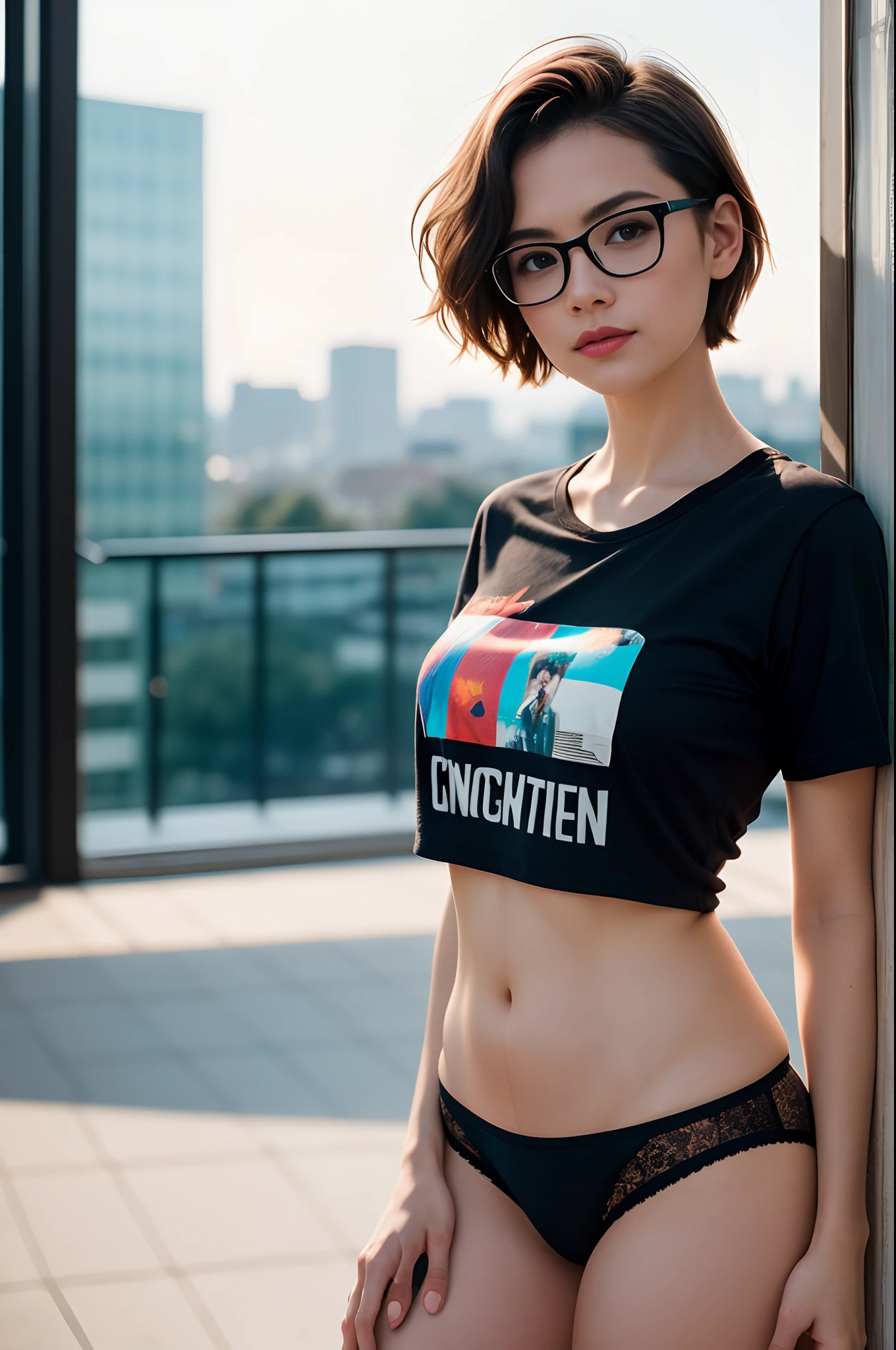 Masterpiece, a cute nerdy woman, glasses, messy hair, ultra short hair, awkward, legs, gamer tshirt, panties, HD, (detailed skin texture:1.1), best quality, ultra high res, (photorealistic: 1.4), Raw photo, by Ellen von Unwerth, D850 Film Stock Photography, F1.6 Lens, Rich Colors, Realistic, Cinestill 800, backlight, rimlighting, sunlight, close-up, looking at the viewer