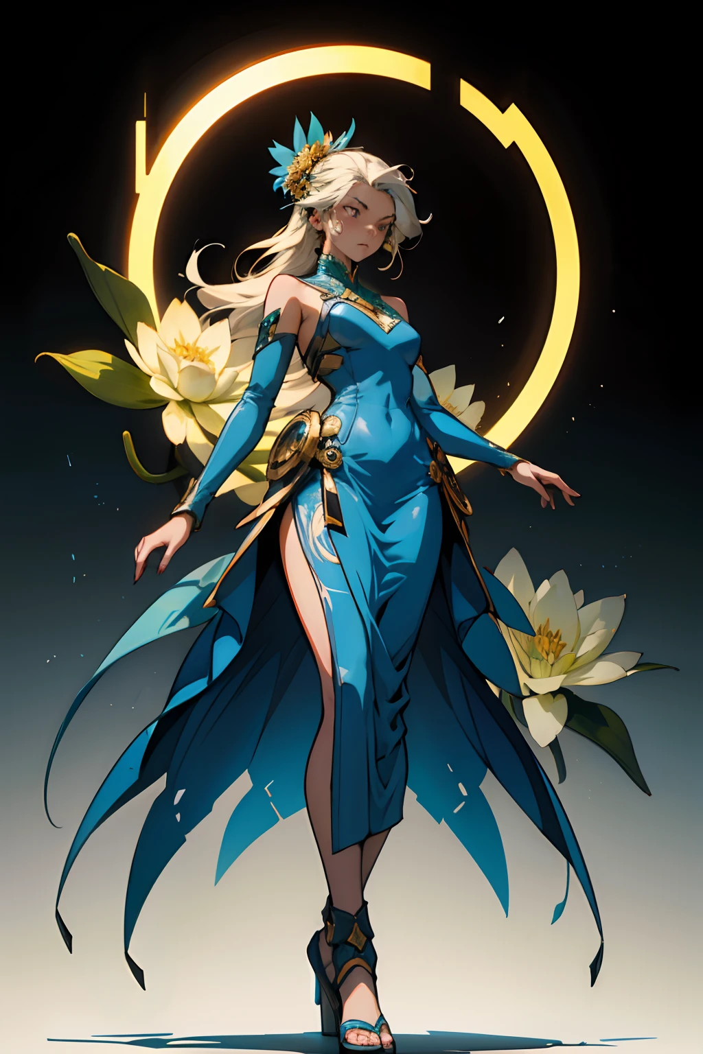 _(High quality), (graphic drawing), (laconic, clear silhouette), (Clear graphic line - color graphics), (drawn Anime style), high artistic quality of the image.
A young girl, half-turned, stands at full height in front of the camera. Graceful figure, small breasts, long hair - red, short. She's wearing a blue lacy dress, satin - click. Her hair is decorated with several flowers, lilies or lotuses. Expensive jewelry on her body emphasizes the grace of her forms.
In her hand she holds a cybernetic skull, a defeated mechanical enemy, in her hands. Wires and electronic elements are part of this form.
Bright juicy image, sun, contrasting warm light, cold shade of greenery. Hand-drawn style, illustration, concept. High quality, best sample.