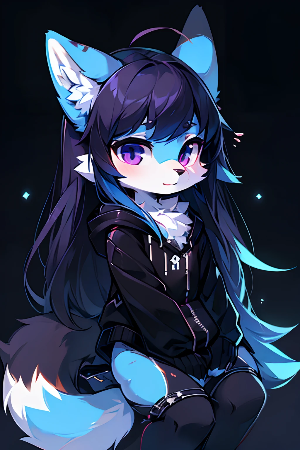 1 girl, anthropomorfic fox, anthro, fox, blue fur, blue boddy, white details, purple eyes, e621, furry art, black clothage, black ears, black  paws, dark blue hair, long hair, cute, chibi, holding two revolvers.