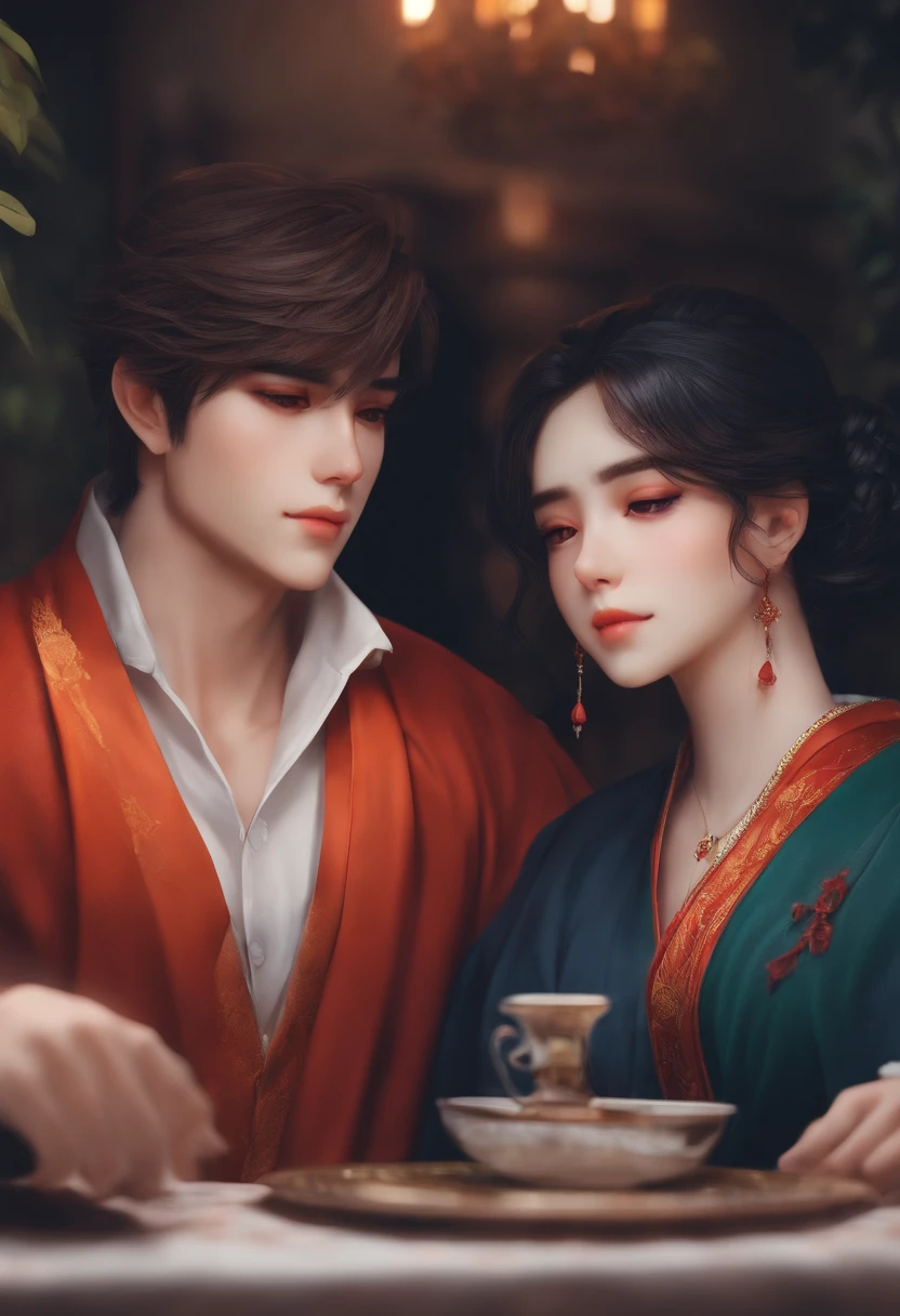 casal, tirando self em estilo anime